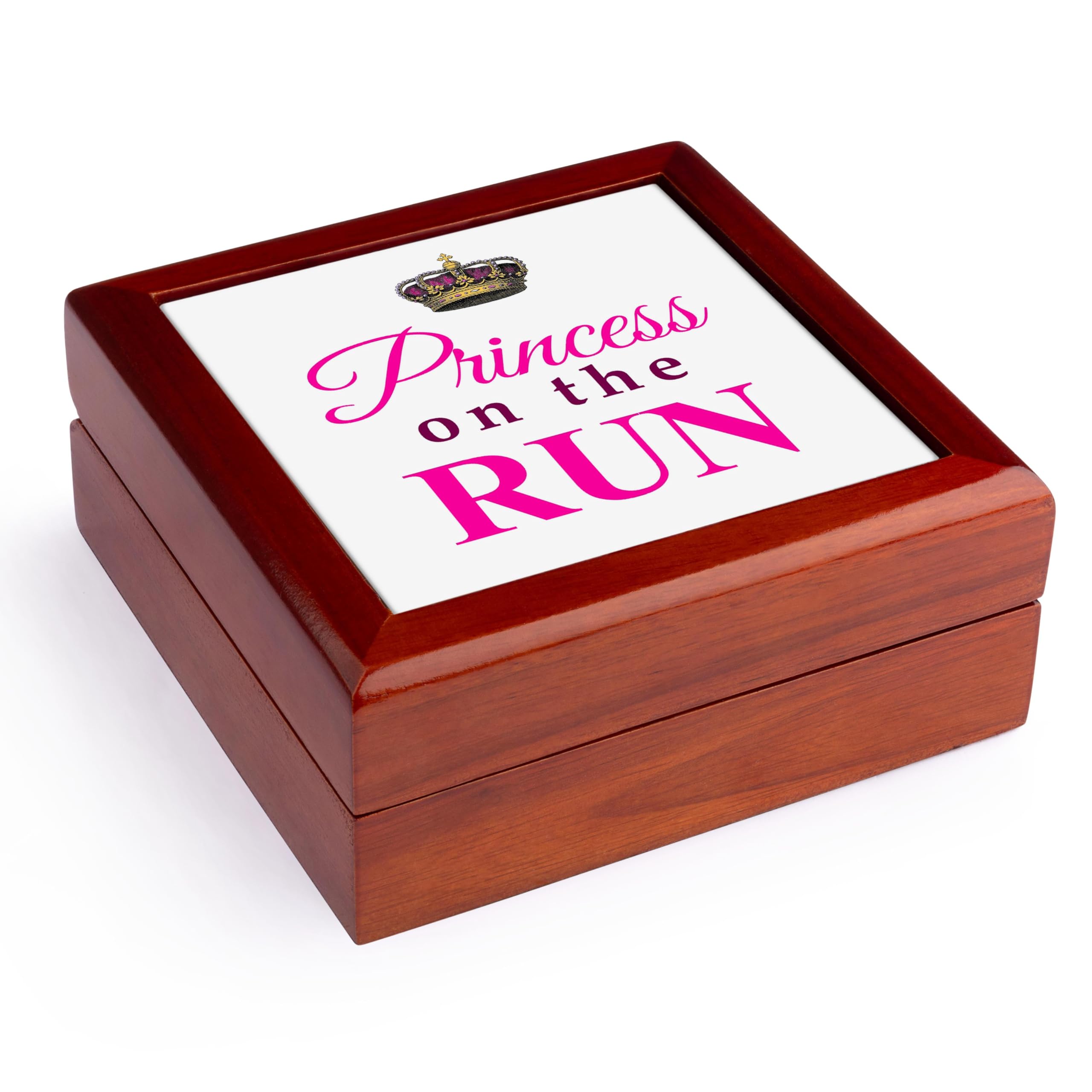 3dRosePrincess on the Run. White Hot pink text gold crown - girly girl woman runner running race racing, Jewelry Box jb-161534-1
