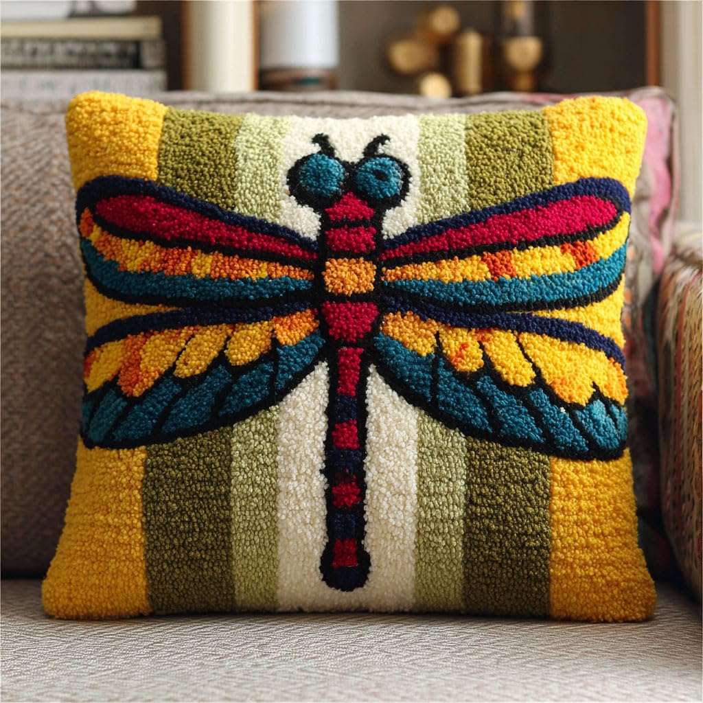 Taxpy Latch Hook Pillow Case Kits, Cartoon Dragonfly Embroidery Kits DIY Pillow Cushion Cover Latch Hook Cushion Kit,17x17inch