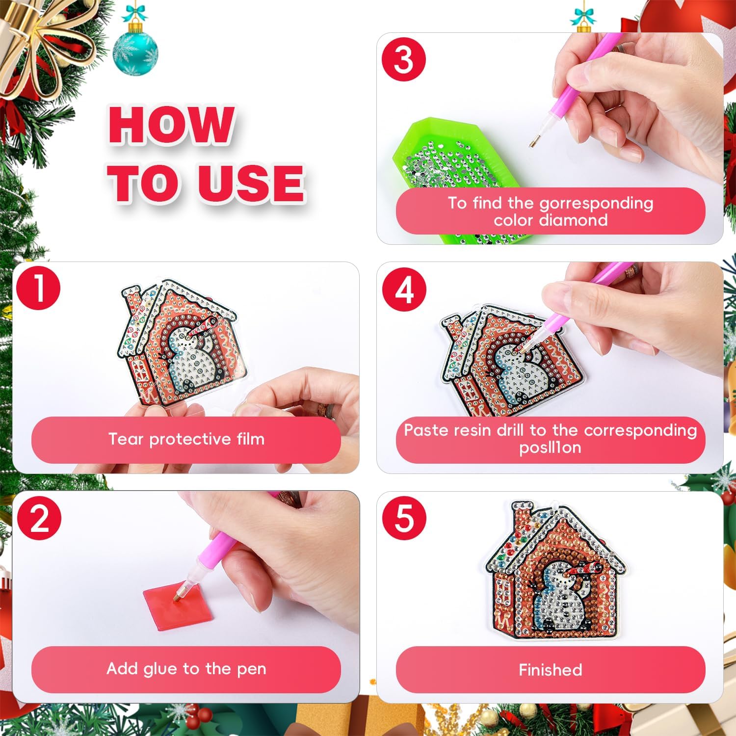 DOOHALO 10 PCS Diamond Art Christmas Ornaments Cute Small Diamond Paintings Art Key Chain Double Side DIY Hang Painting Kits for Adults (Cute A) - Image 4
