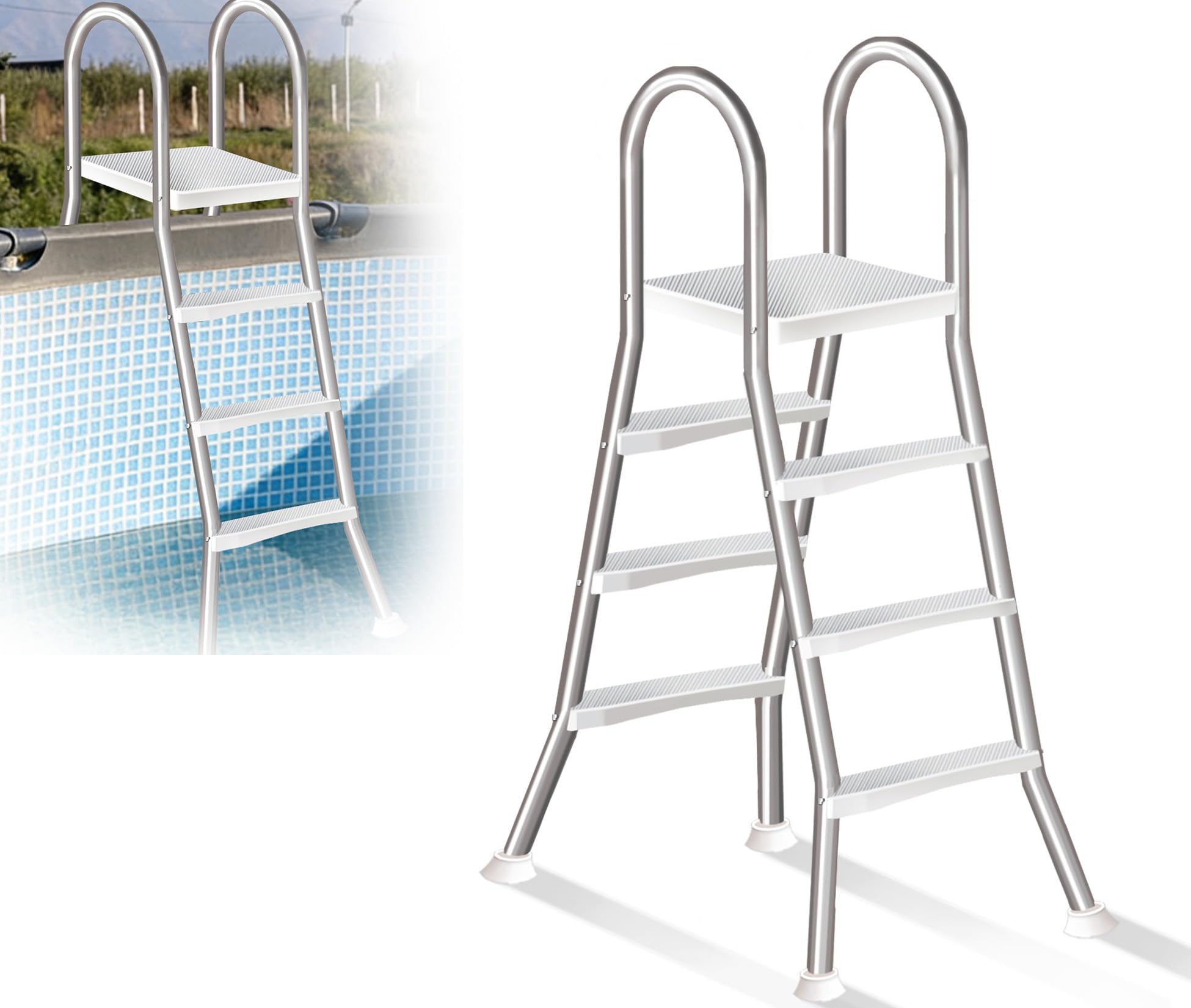 All-Weather Above Ground Pool Ladder, 4 Steps Heavy Duty Pool Stairs with Double Sided Anti-Slip Pedals, Stainless Steel Structure, 250kg Load for 135cm Outdoor Pool,110cm