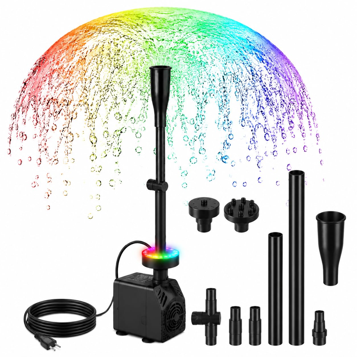 Pompa do fontanny zewnętrzna z diodami LED, 800 l/h, 15 W, RGB, pompa do akwarium do mini stawu, pompa do oczka wodnego z kablem 3 m, 3 dysze, 3 zmieniające się kolory, mała pompa do stawu ogrodowego