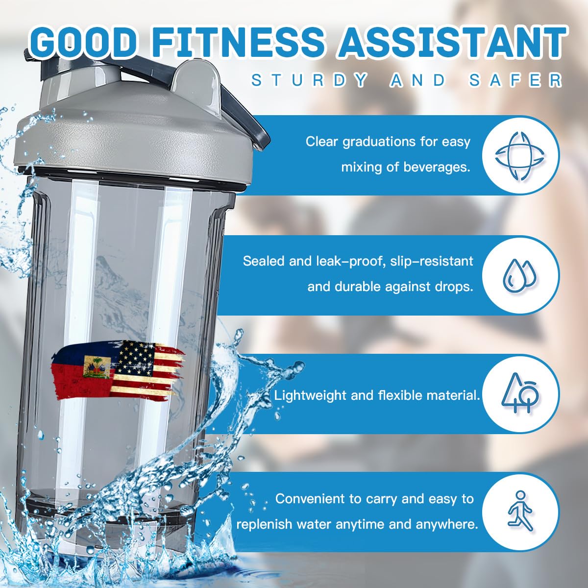 Haitian America Flag 18 Ounce Shaker Cup,Fashion Theme Pattern Shaker Bottle Leak-proof Workout Shake Bottles 500ML/18 oz Perfect for Pre Workout
