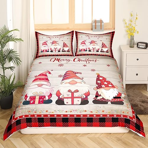 Miniatura 3 de Manfei Juego de funda de edredón de gnomos de Navidad, tamaño King, funda de edredón de Navidad rústica de madera y cuadros rojos con 2 fundas de
