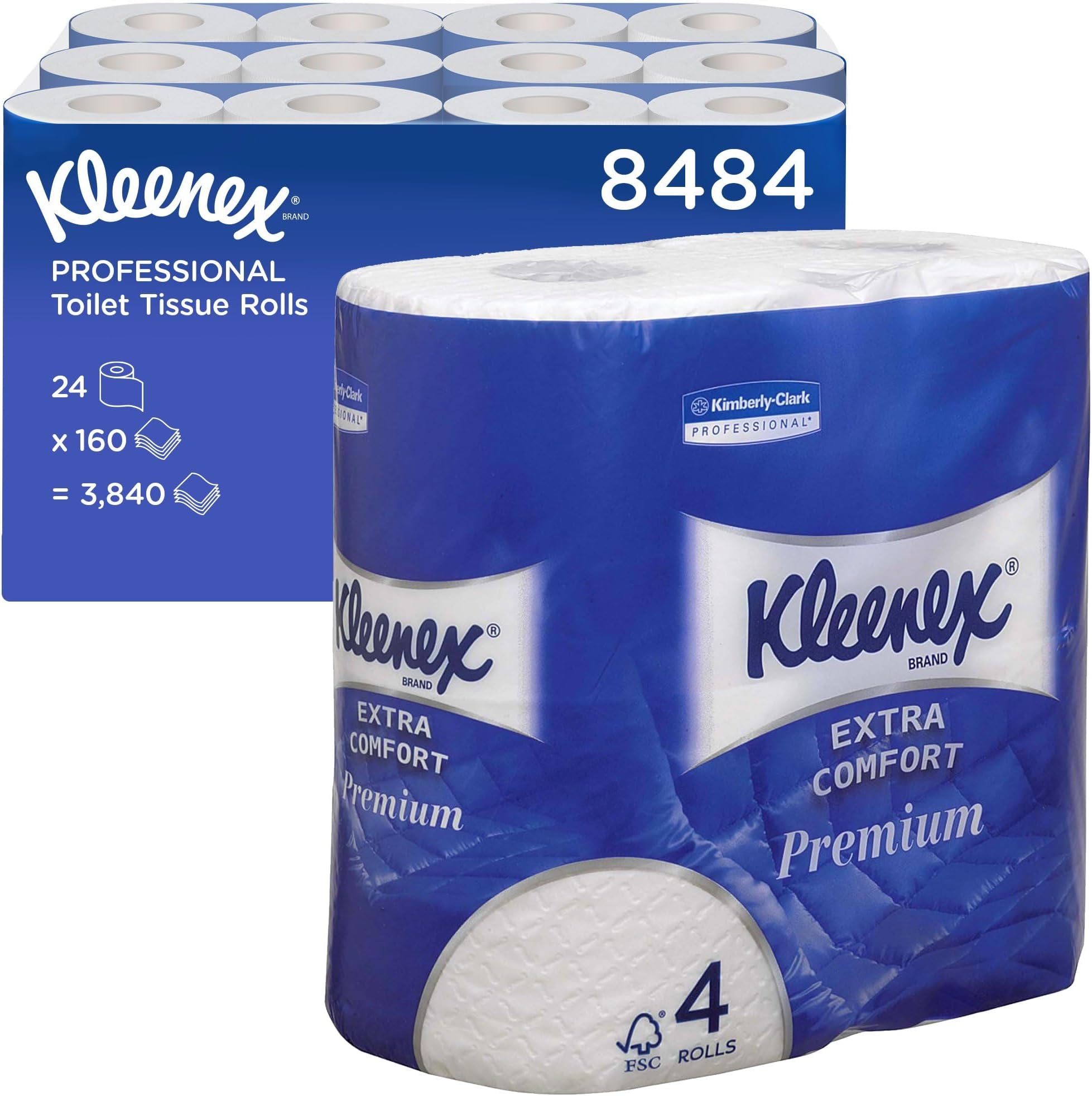Standard Size Toilet Roll 8484 - 4 Ply Toilet Paper - 24 Rolls x 160 White Toilet Tissue Sheets (3,840 Sheets)