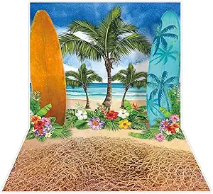 Allenjoy Summer Beach Ocean Backdrops for Photography Blue Sky Seaside Surfboard Background Tropical Palm Trees Kids Girls 1st Birthday Party Decor Banner Baby Shower 5x7ft Photoshoot Photo Booth Prop
