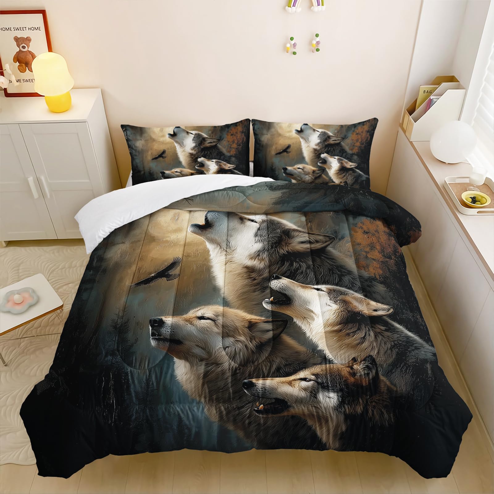 Wolf Comforter Set Full for Kids Boys Girls,Howling Wolves Comforter Set,Eagle and Wolf Night Moon Forest Bedding Set, Wild Animals Quilt Set for Bedroom Decor,All Seasons