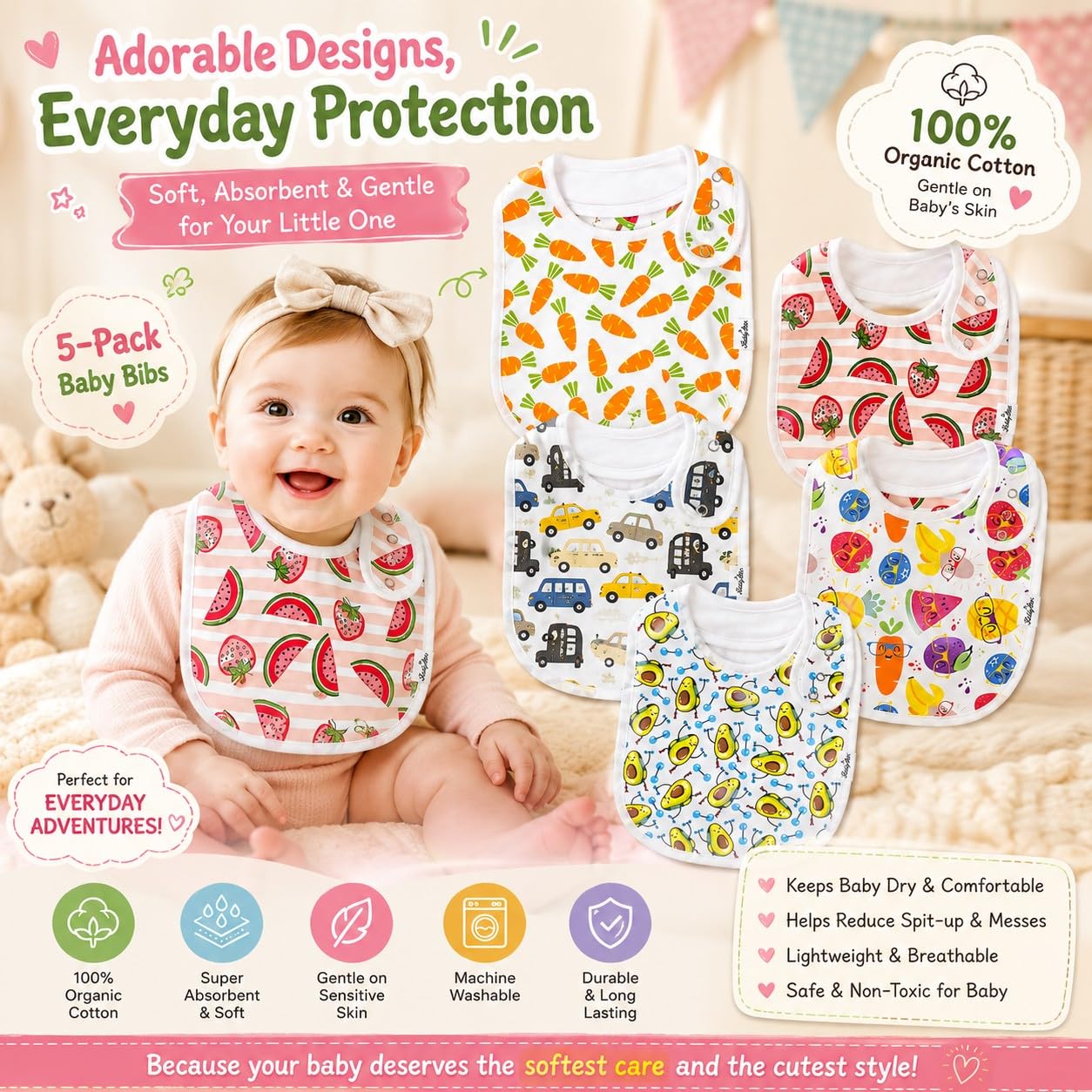 KiddyStar Double Layer Bandana Bibs - Thick, Multi Snaps, Organic Cotton - Soft & Absorbent - For Drooling, Teething, Feeding