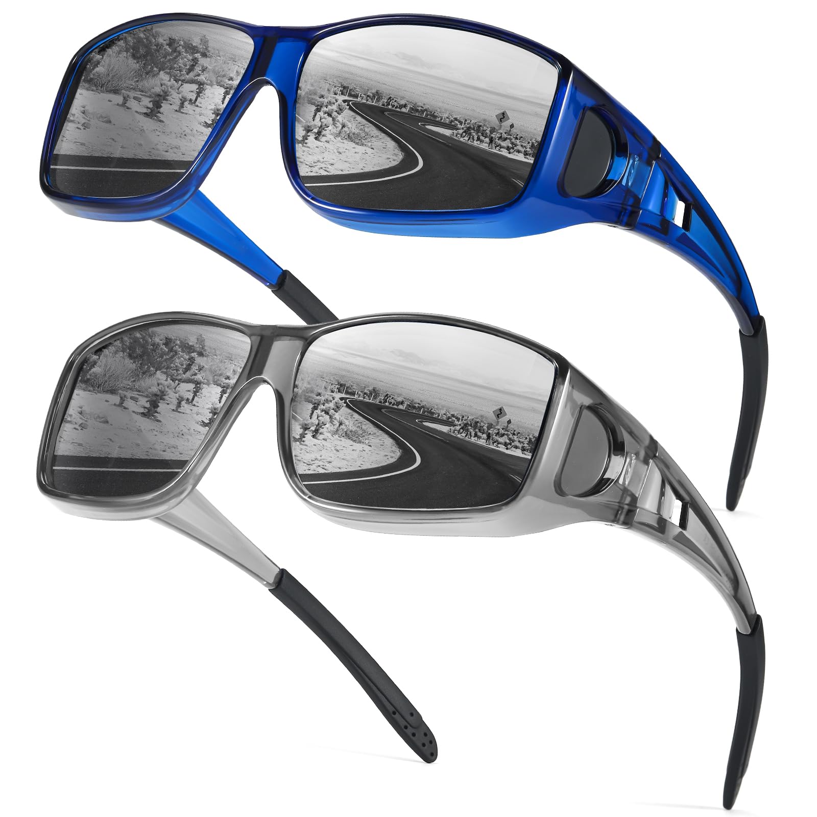 Myiaur 2er Pack Polarisierte Überzieh Sonnenbrille für Herren Damen Rechteckige Fassung UV400 Schutz für Autofahren, Angeln & Outdoor-Aktivitäten