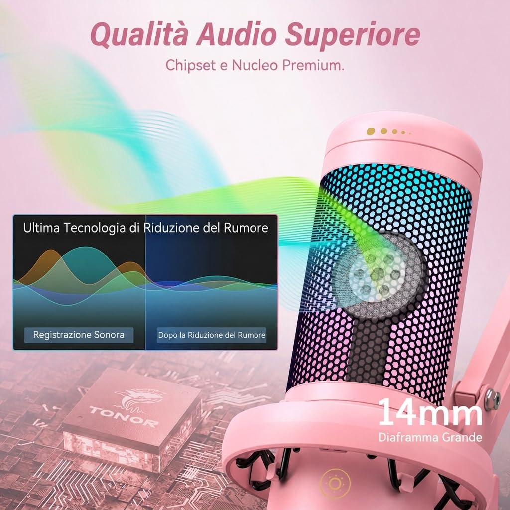 TONOR Gaming Microfono, USB Mic con Supporto per Braccio, Micro a Condensatore Cardioide con RGB e Luminosità Regolabili, Mute Rapido, Controllo del Guadagno, per Streaming, Gaming,Rosa, TC310+