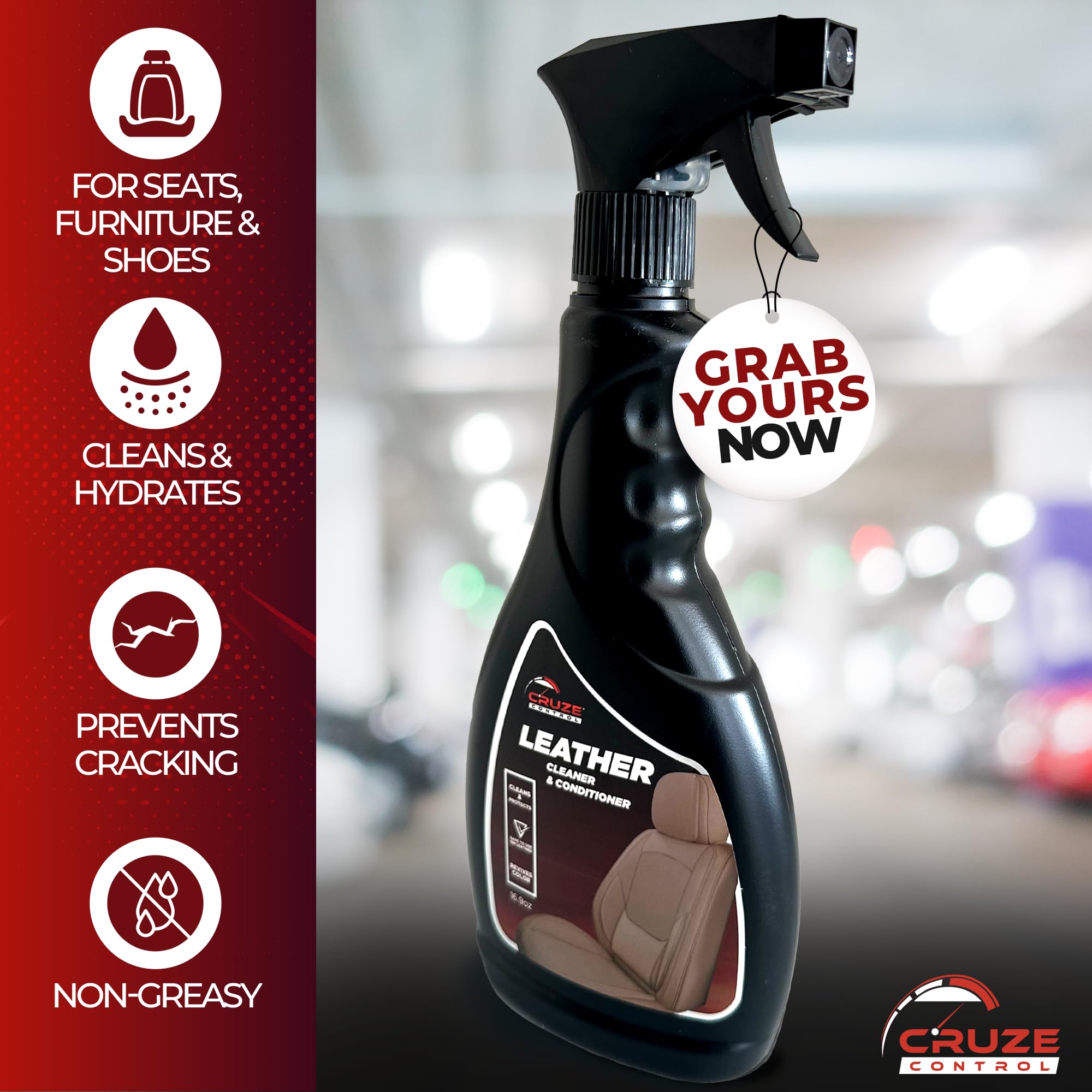 CRUZE CONTROL Leather Cleaner and Conditioner - Car Interior & Seat Cleaner for Deep Cleaning - Car Care Products & Detailing for Sofas, Shoes & Leather Furniture - Removes Dirt & Moisturizes