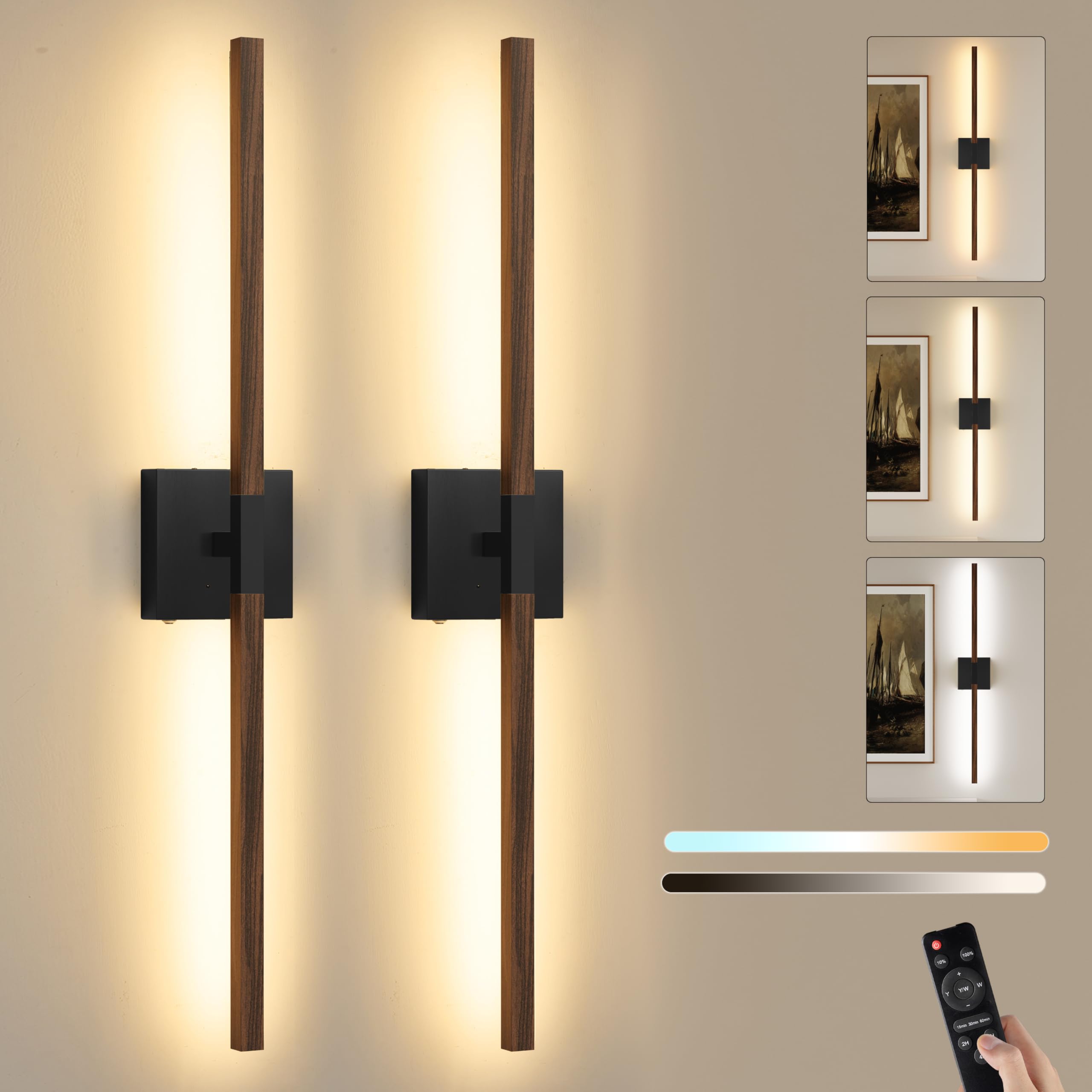 Rayogale Black Walnut Rechargeable Wall Sconce with Remote Control 32 Inch