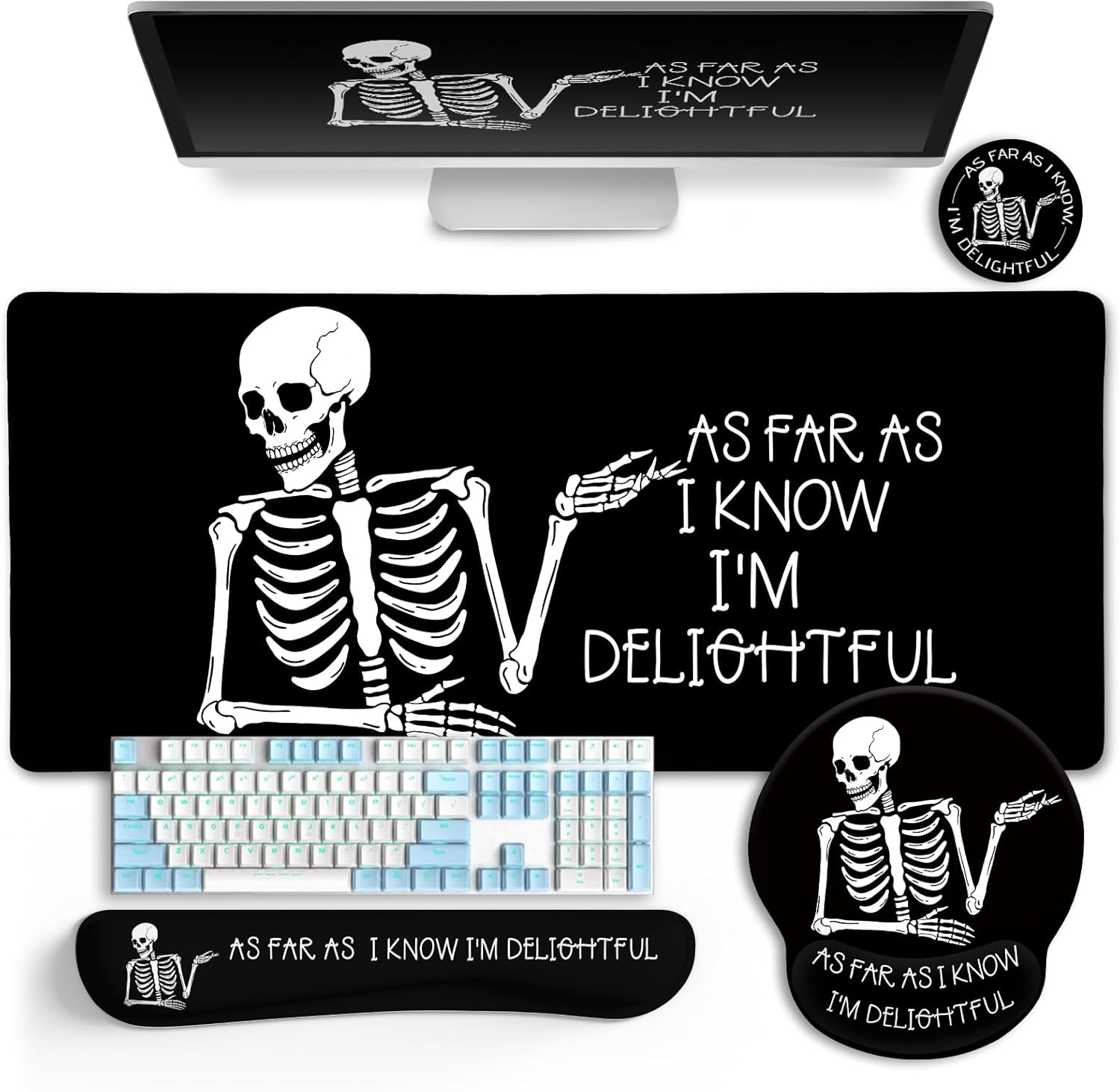 Ergonomic Mouse Pad with Wrist Rest Desk Mat Set, Skeleton Gaming Mouse Pads, Keyboard Mat Wrist Rest Cup Coaster, Funny Office Desk Accessories