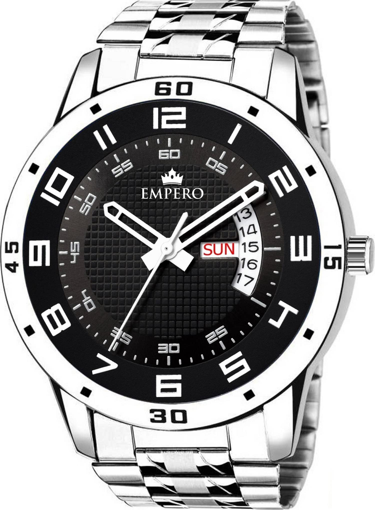 EMPERO-07 Silver Stainless Steel Day and Date Analog Mens Watch (Black) (B0C1NWS7JX) Amazon Price History, Amazon Price Tracker