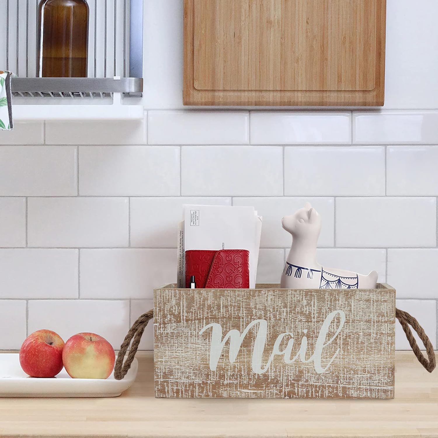 Rustic Wood Mail Holder Box for Desk Countertop, 13