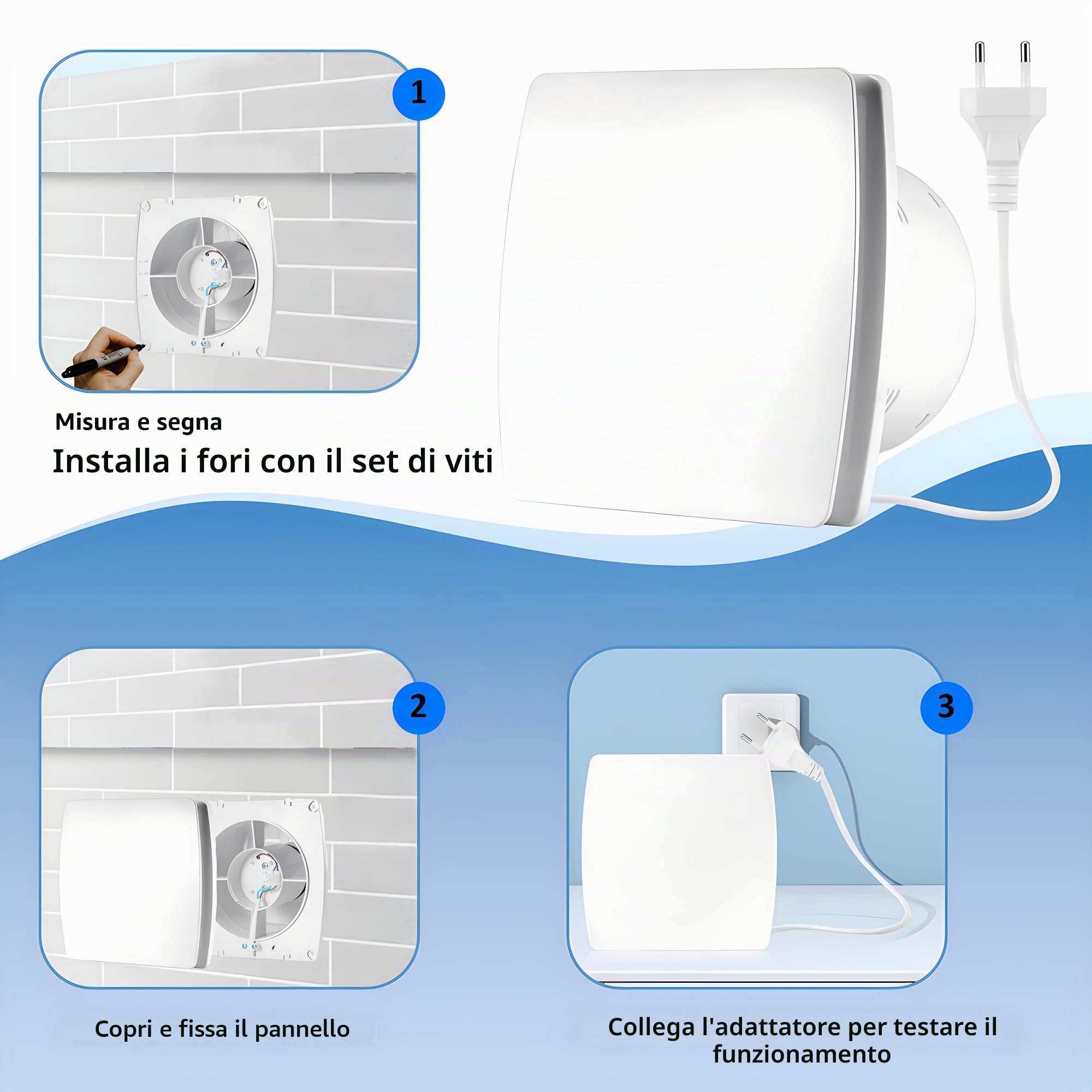 Ventilatore di scarico da cucina 120 mm 130 m³/h IPX2 silenzioso con valvola di controllo 1 m cavo UE