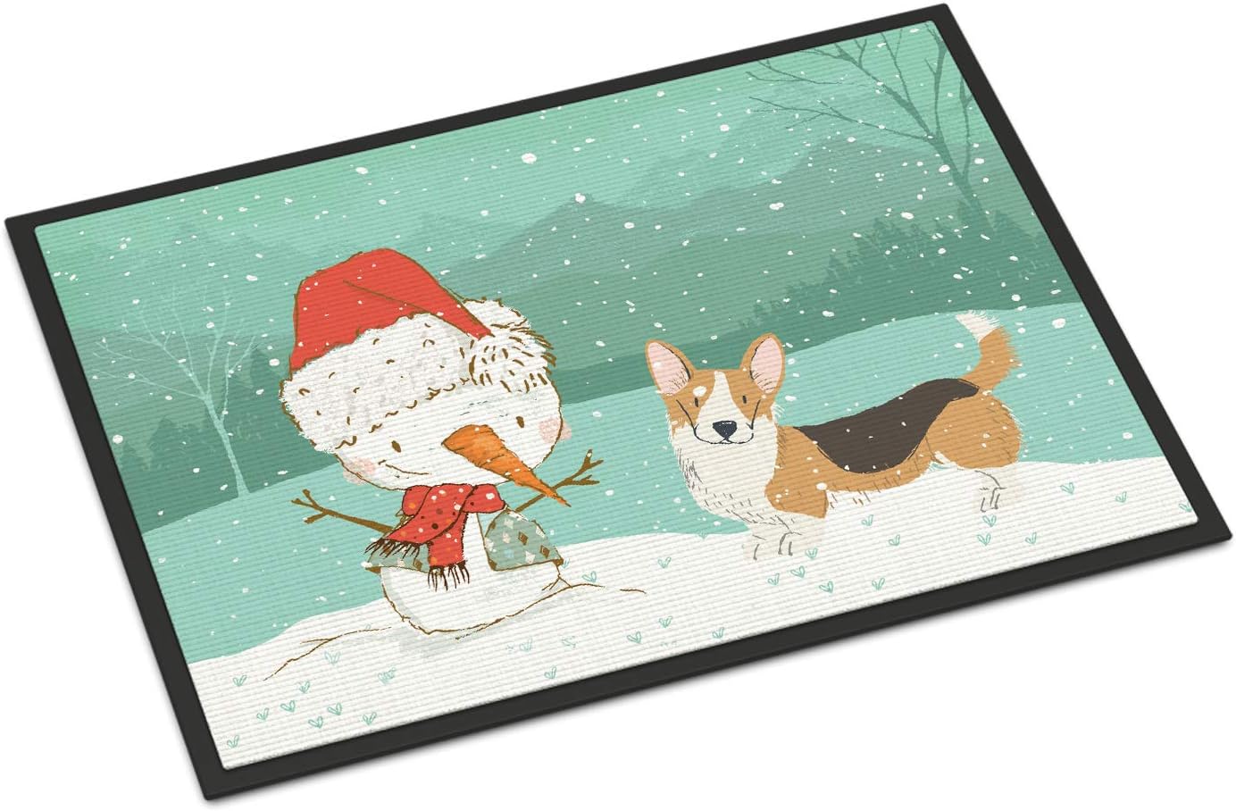 Caroline's Treasures CK2062MAT Tricolor Cardigan Corgi Snowman Christmas Doormat 18x27 Front Door Mat Indoor Outdoor Rugs for Entryway, Non Slip Washable Low Pile, 18H X 27W