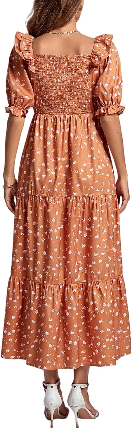 Rooscier Women's Floral Print Ruffle Shirred Swing Puff Short Sleeve Elegant Maxi Dress size medium