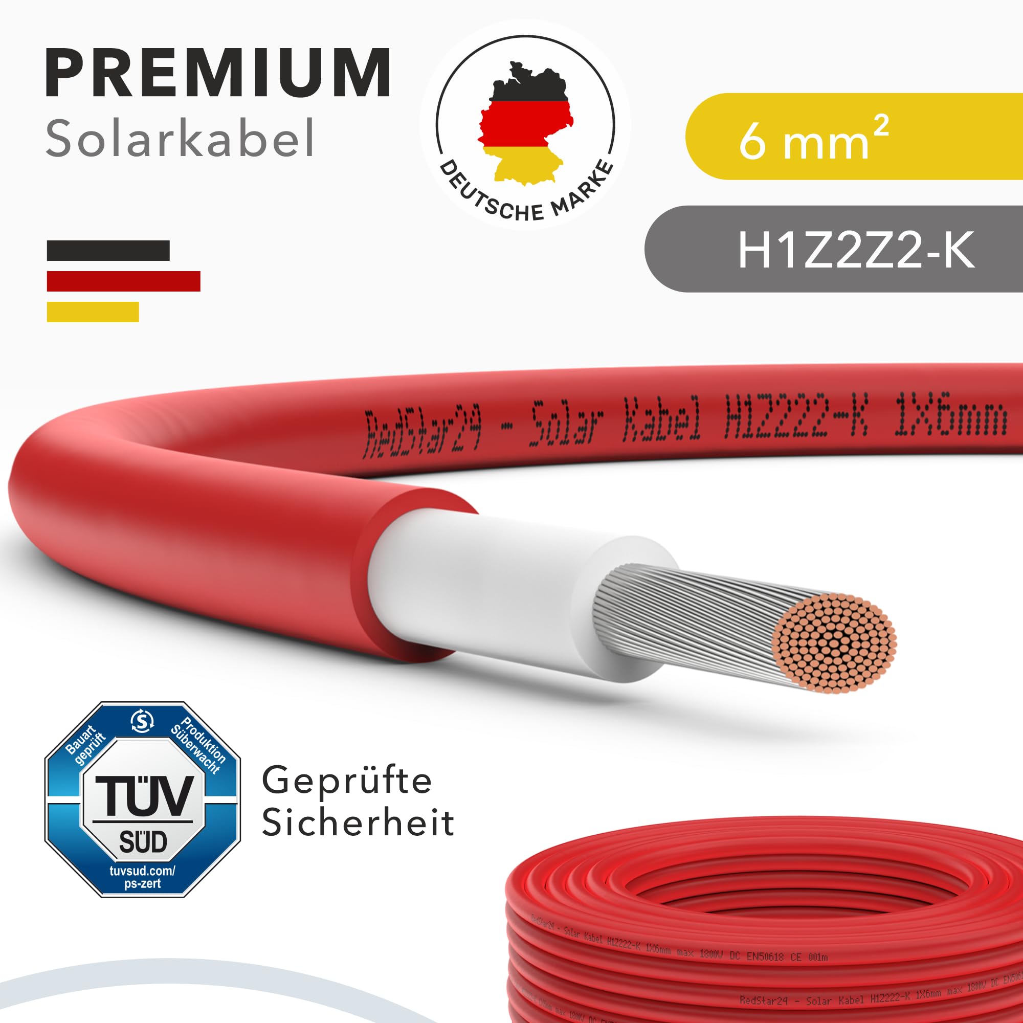 RedStar24 Kabel Solarny Premium 6 mm², Czerwony, 50 m, Certyfikat TÜV, Odporny Na UV, Elastyczny, Fotowoltaiczny, PV, Przyłączeniowy Do Panelu Słonecznego