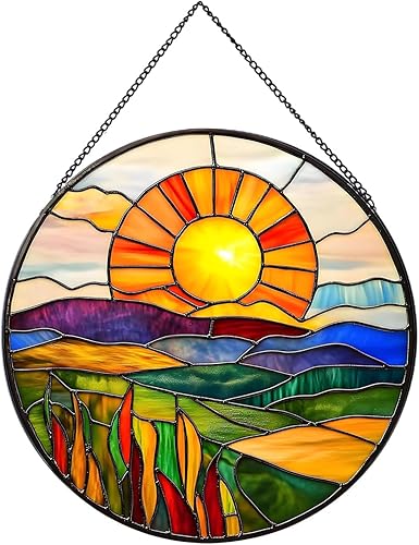 Miniatura 9 de Vidrieras colgantes de 7.87 pulgadas para ventanas, atrapasoles de cristal con diseño de amanecer para colgar en el jardín, Navidad, Día de la
