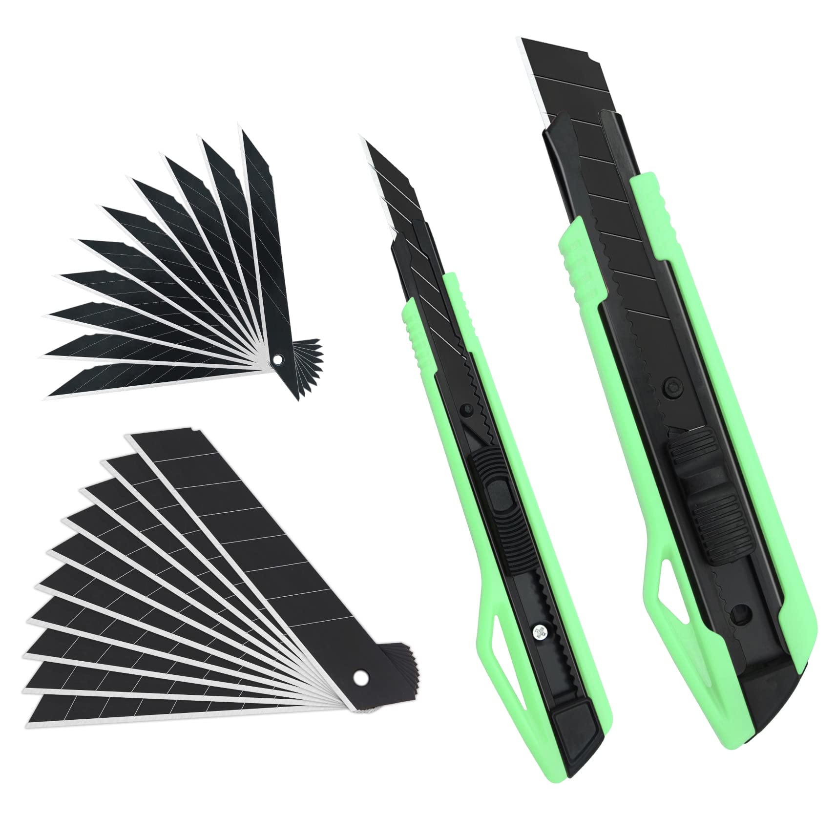 MANUFORE Lot De 2 Couteaux Utilitaires Rétractables Vert - 9mm 30° + 18mm 60° Avec 20 Lames De Rechange