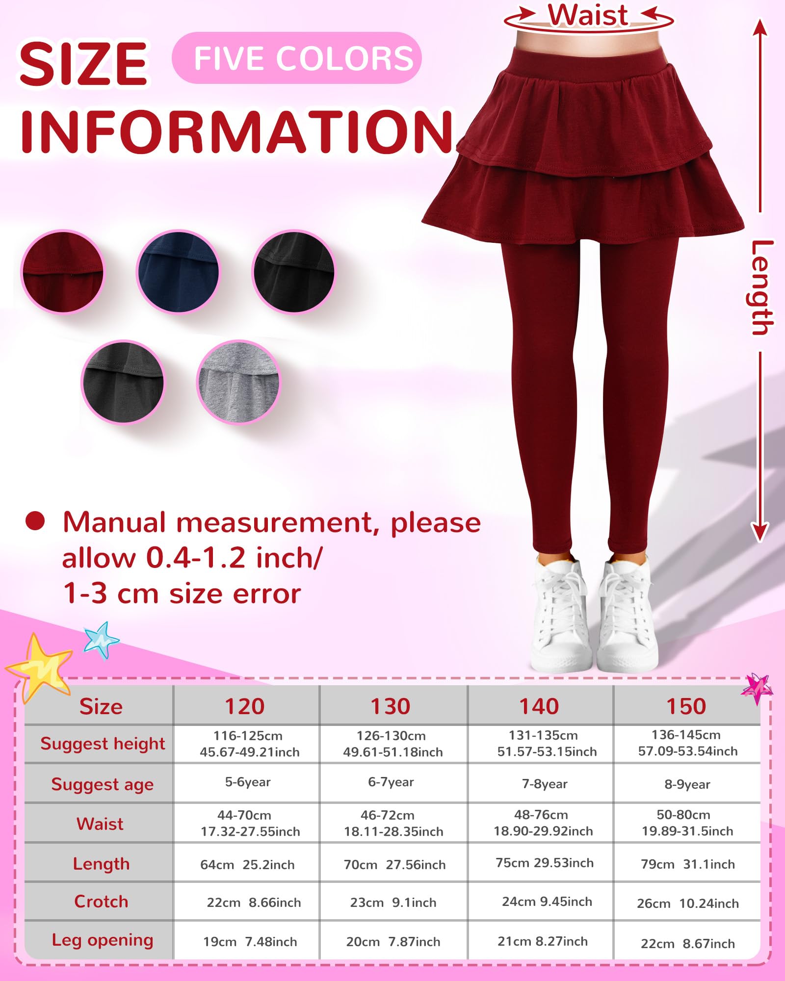 Taiyin Confezione da 5 leggings in cotone con volant, tutù, leggings senza piedi, con gonna, uniforme scolastica, per ragazze, autunno inverno