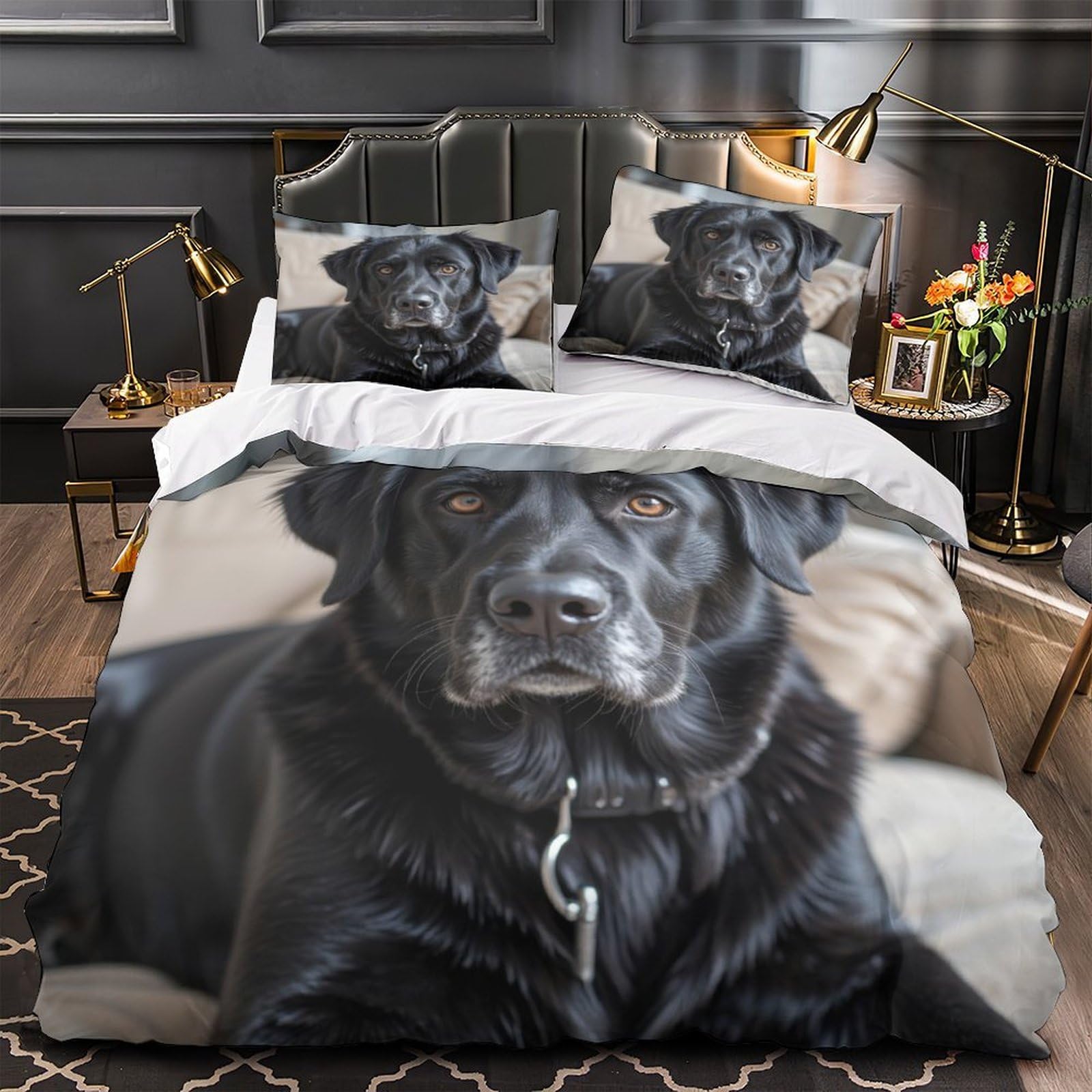 Housse de couette portrait de chien noir 3D imprimé 260x220cm photographie réaliste