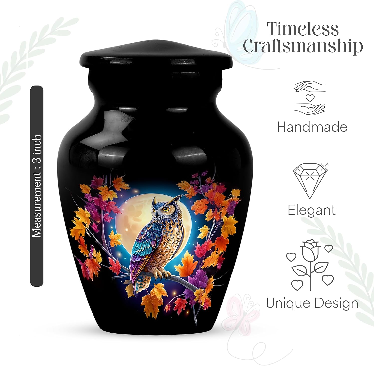 YATHABI Owl Burial Urn for Ashes - Small Cremation Urns for Human Ashes Adult Male - Memorial Black Keepsake Urn for Adult Female - Moon Funeral Urns for Men - 3 Inch