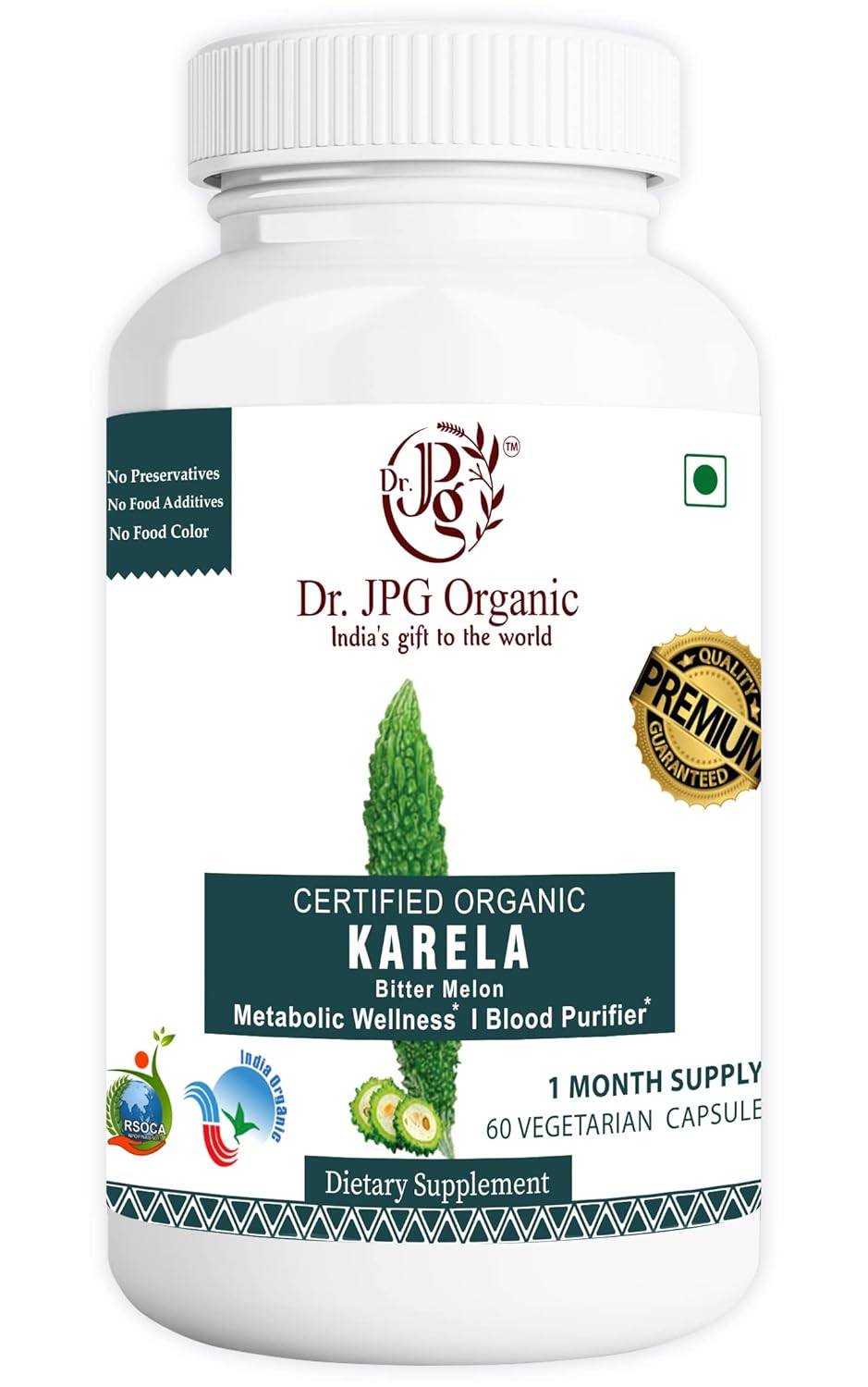 Dr. JPG Organic Karela Capsules For Diabetic & Sugar 60 Veg. Capsules | INDIA ORGANIC Certified (Pack Of 1)