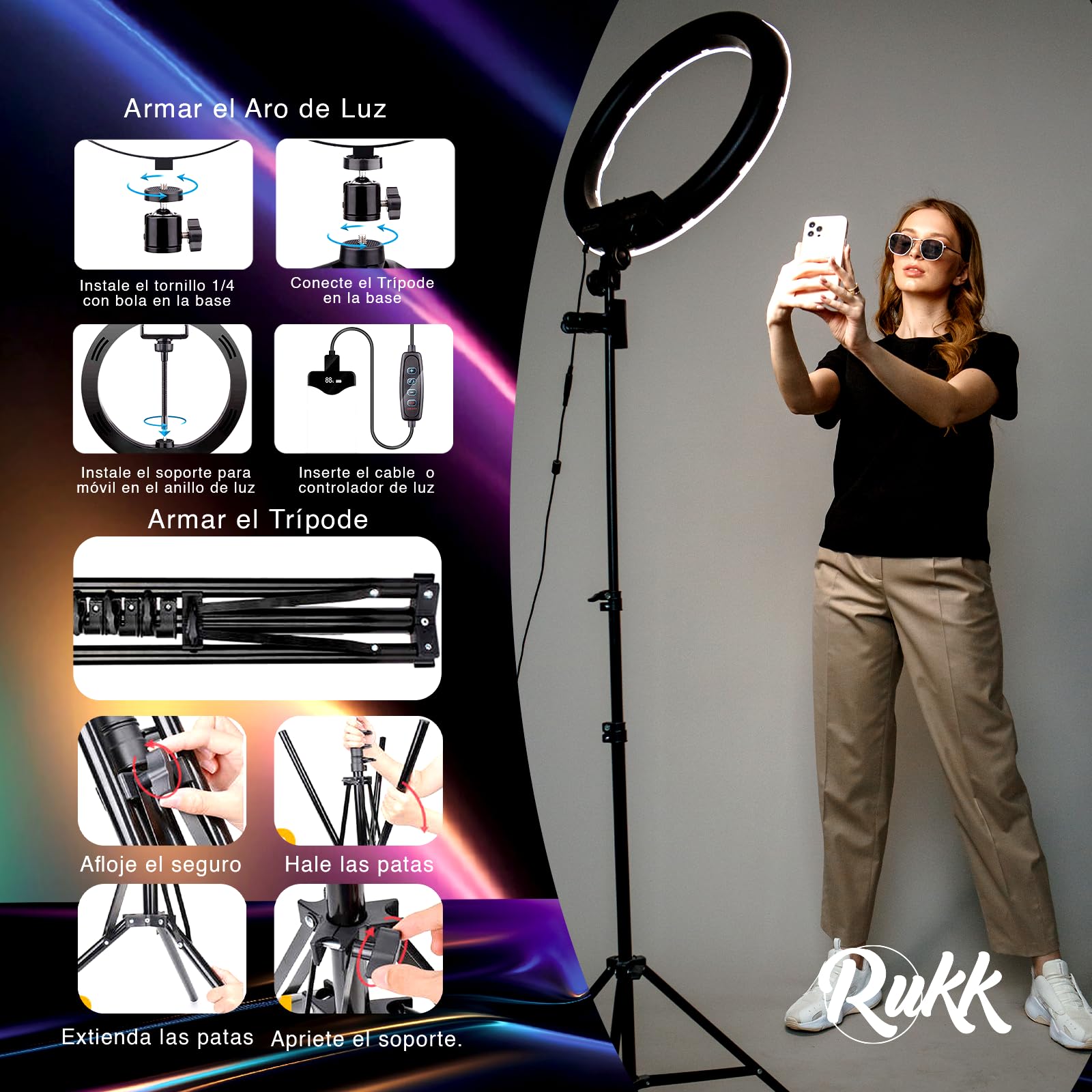RUKK Aro de Luz con Trípode Extensible 160cm - Anillo de Luz LED 10” para Móvil (3 Modos, 10 Brillos) con Control Remoto Bluetooth - Ring Light Profesional para TikTok, Maquillaje y Youtube