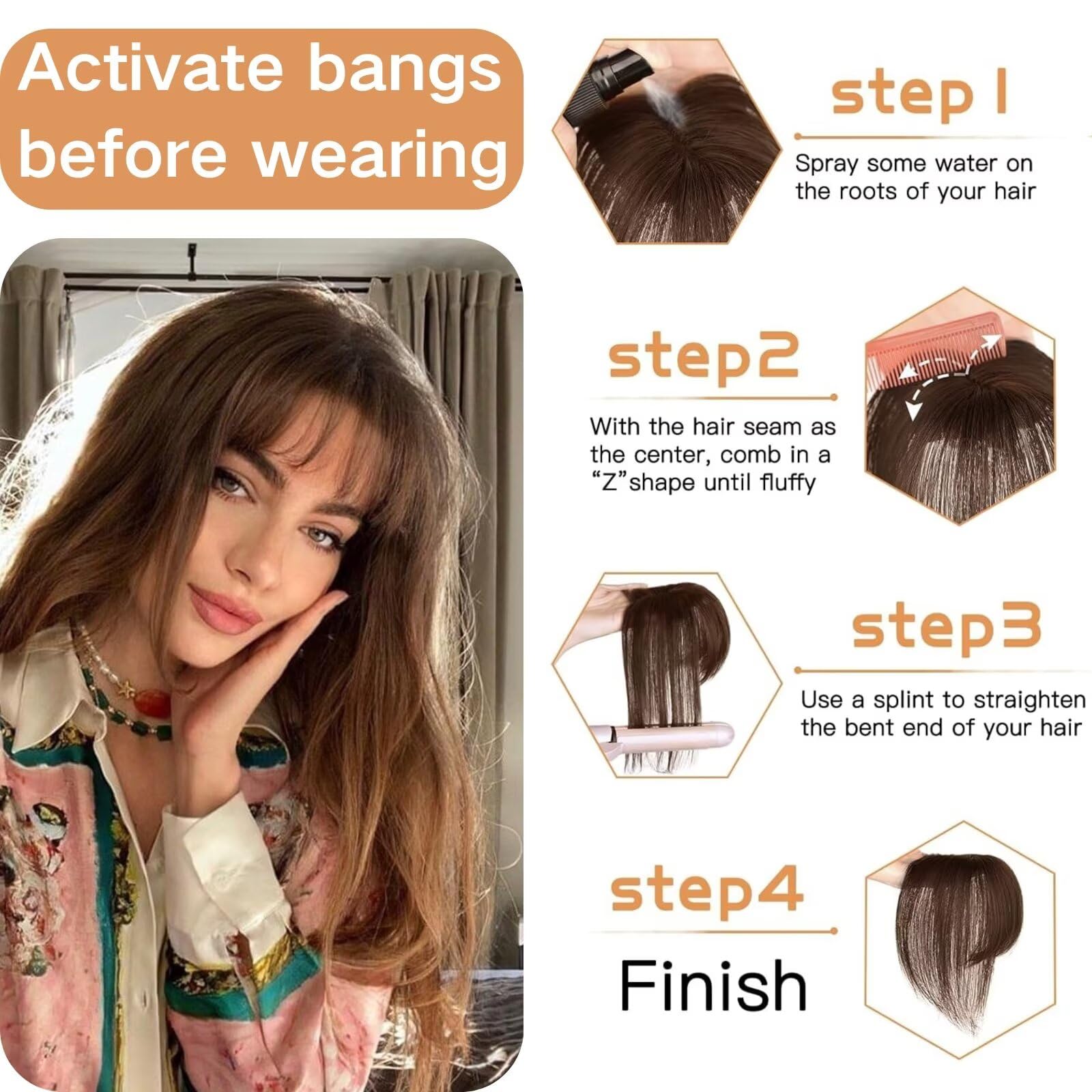 Haaropper für Frauen echtes menschliches Haar, 360 ° 3d No Pons Top Hair Extensions Haare mit achtcharakterem Pony, deckt spärliches Haar, brauner Stil 1 ab