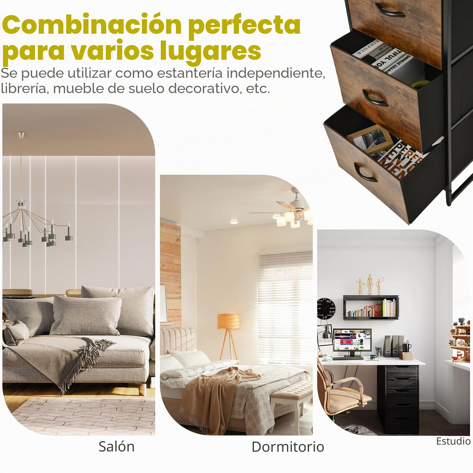 HOMASIS Estantería con 3 cajones y 3 estantes abierto, estantería vertical de madera con marco de acero y dispositivo antivuelco, librería de esquina para salón, estudio, oficina, 43x39x156 cm, marrón