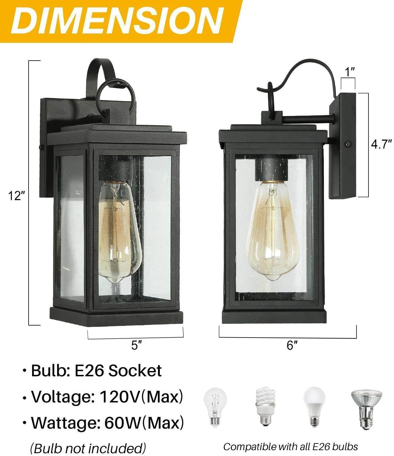 Outdoor Wall Sconce, Exterior Waterproof Lantern Light Fixtures, Black Rectangle Porch Lights with Seeded Glass, Anti-Rust Front Door Mount Lighting