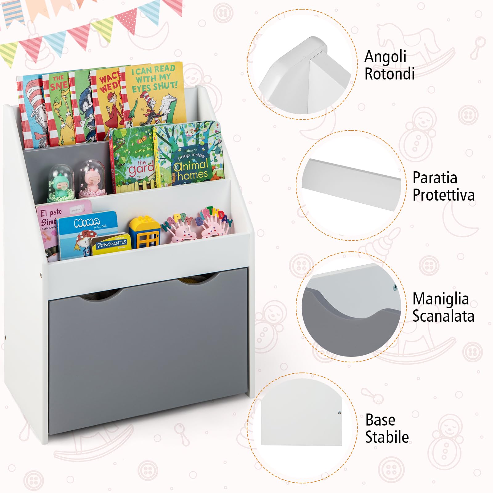 COSTWAY Libreria Montessoriana per Bambini, Scaffale per Libri a 3 Livelli con Cassetto Inferiore e 4 Ruote, per Cameretta, Stanza dei Giochi e Asilo, 50 x 28 x 70 cm, Grigio e Bianco