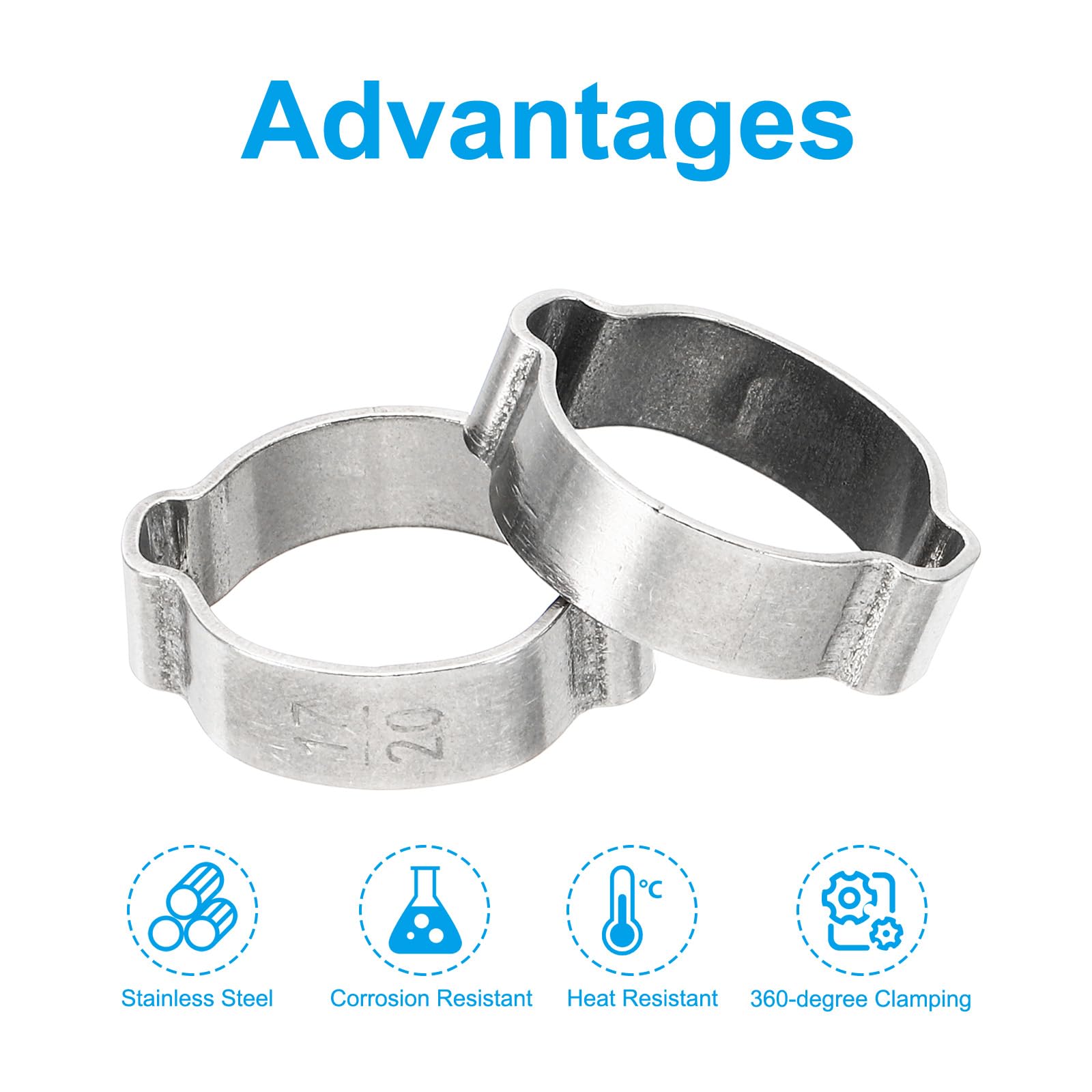 PATIKIL 30 Pack 17-20mm Double Ear Hose Clamp, 304 Stainless Steel O Clip Crimp Rings for Fuel Petrol Pipe Tube Fitting Connections, Silver Tone - Image 4