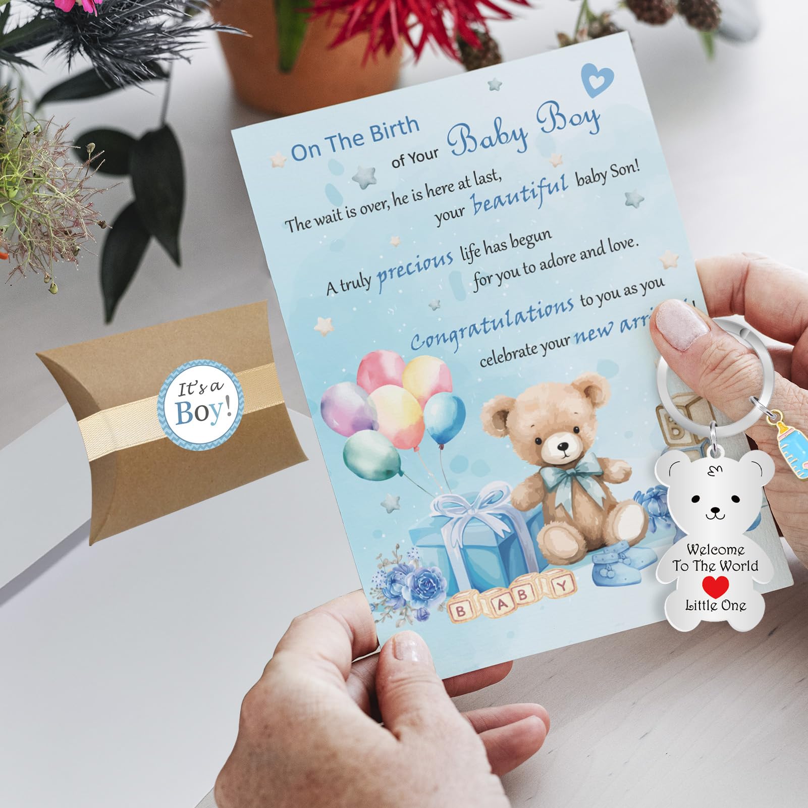 Baby Boy Card, New Baby Boy Card, Welcome To The World, Congratulations New Baby Keyring Gifts, Newborn Card with Envelope (Blue - Boy) - Image 4
