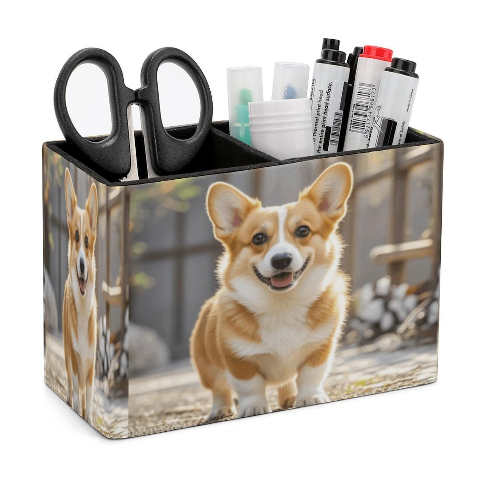 LZQPOEAS Playful Corgi Leather Pen Holder Square Pencil Holder Multi-Functional Desk Organizer Modern Pen Cup Pencil Cup Minimalist Desktop Stationery Organizer for Desk Office Home