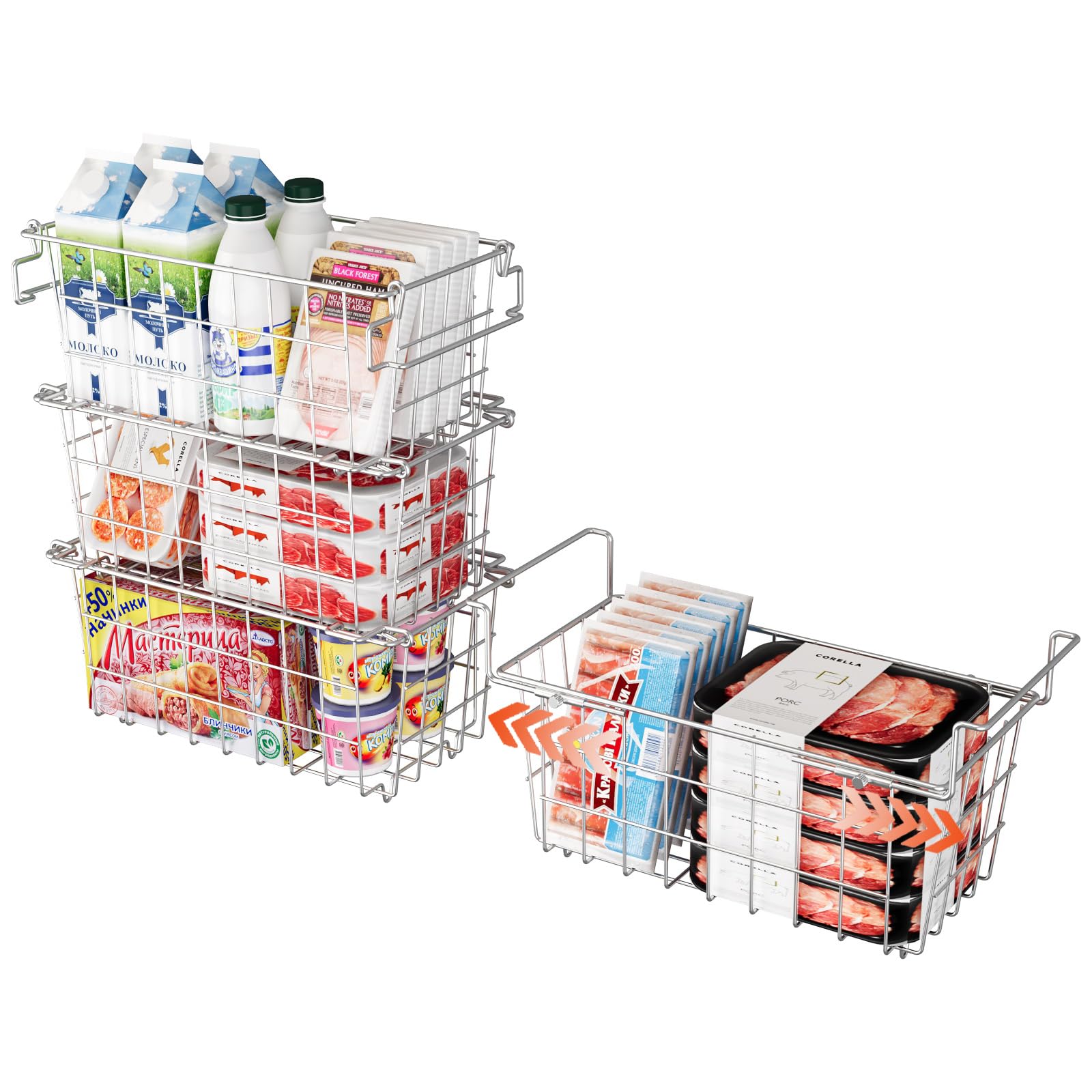 4Pack Stainless Steels Freezer Organizer Bins, 3 Pack Stackable Deep Freezer Organizer & 1 Pack Expandable Hanging Bin, Fit 5-7 Cu.Ft Chest Freezer