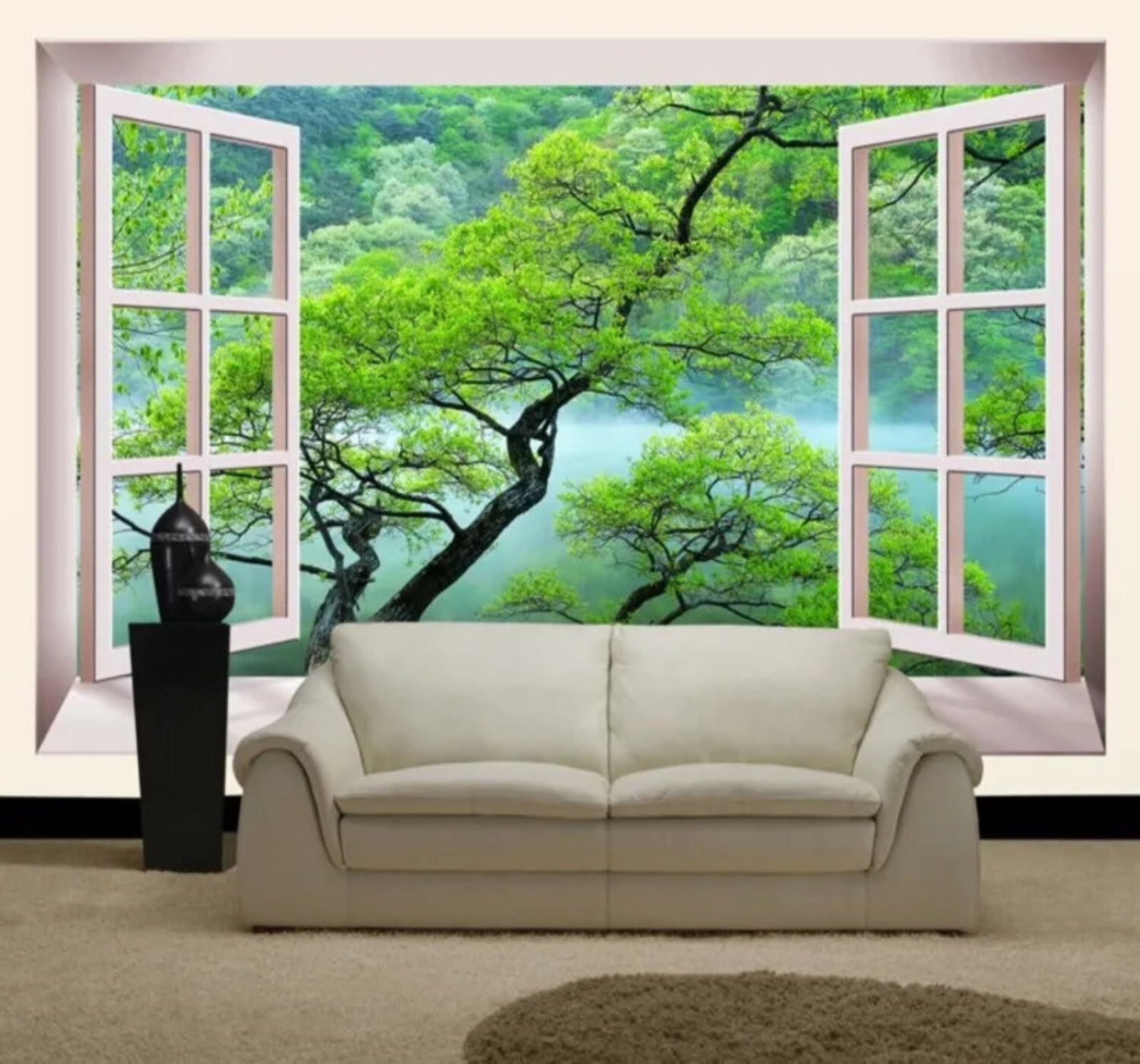 Three Dimensional Window Fresh Green Forest 3D Wallpaper Easy Install Feature Office Living Room Sofa Bedroom TV Background Wall Decoration-350cm×256cm