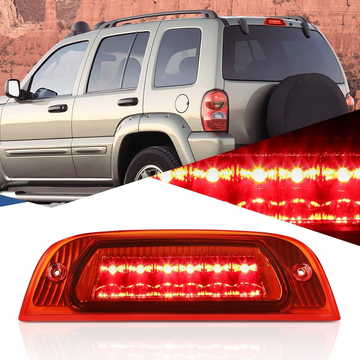Auto Dynasty LED 3rd Third Brake Light Compatible with 2002-2007 Jeep Liberty, Rear Center Cab Cargo Lamp High Mount Stop light, Red Housing