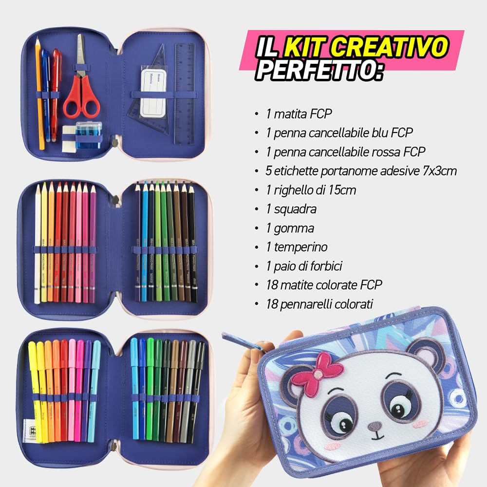 MOFU MOFU - Astuccio Scuola Ufficiale Mofu Mofu, Astuccio 3 Scomparti Bambina e Bambino con Set Cancelleria, Penne Cancellabili blu e rossa, e Pratica Chiusura a Zip, 20x13Hx7 cm