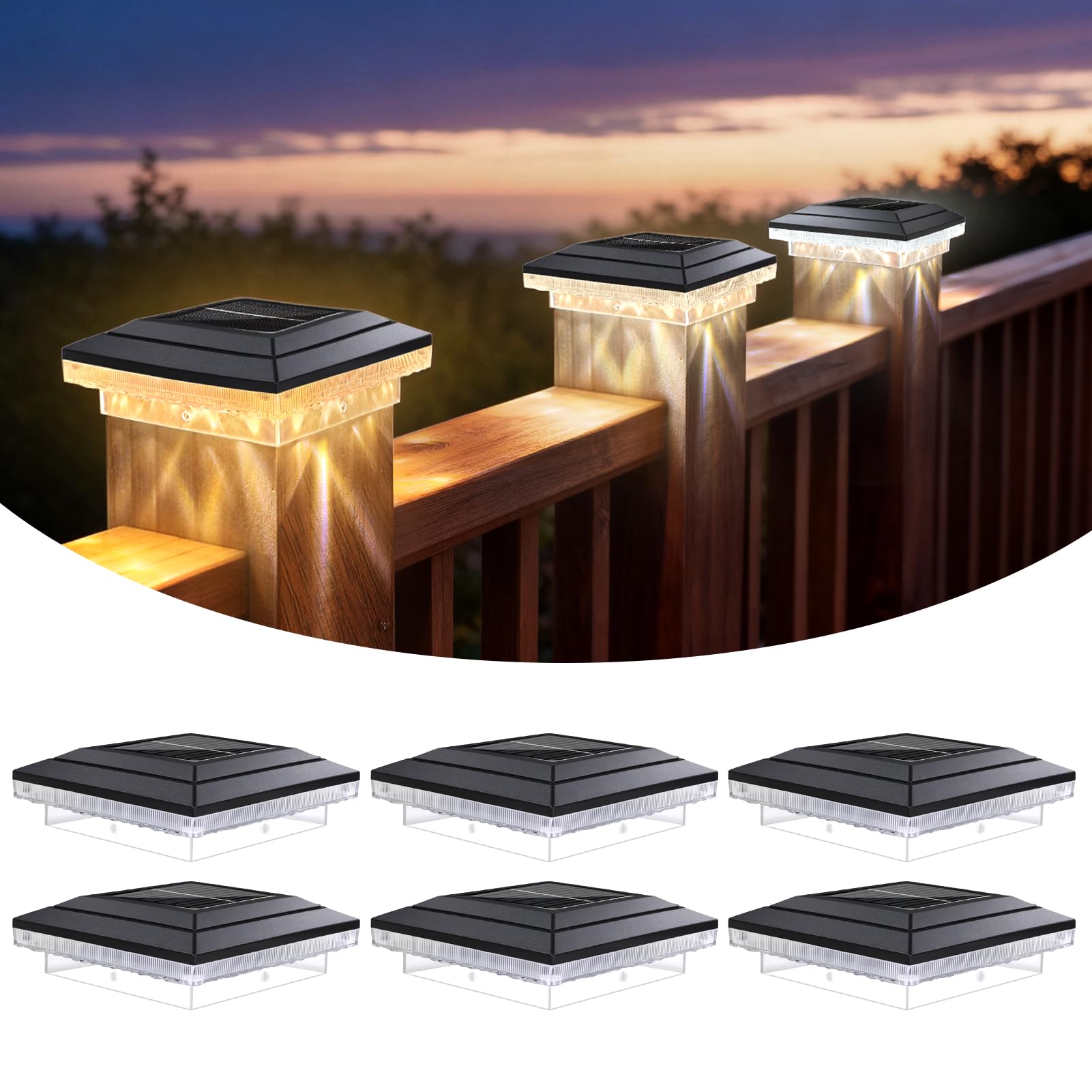 BRIMAX 6 Pack Solar Post Cap Lights, IP65 Waterproof Outdoor Post Lights with 3 Modes, Easy Install Solar Powered Fence Lights for 4x4 inch Wooden/Vinyl Posts, Garden, Deck, Patio
