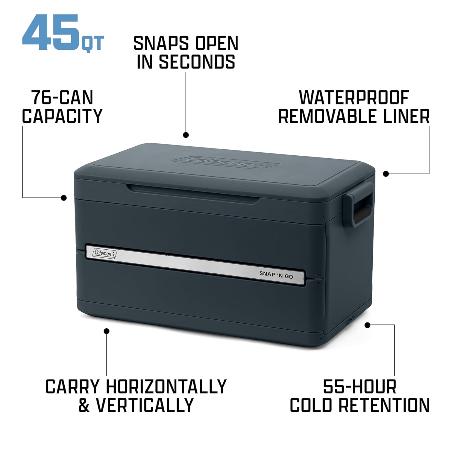 Coleman Snap 'N Go 45-Quart Collapsible Hard Cooler, Portable Hard-Sided Cooler with Waterproof Removable Liner, Space-Saving & Quick Set Up, 55 Hours Cold, Mussel Grey