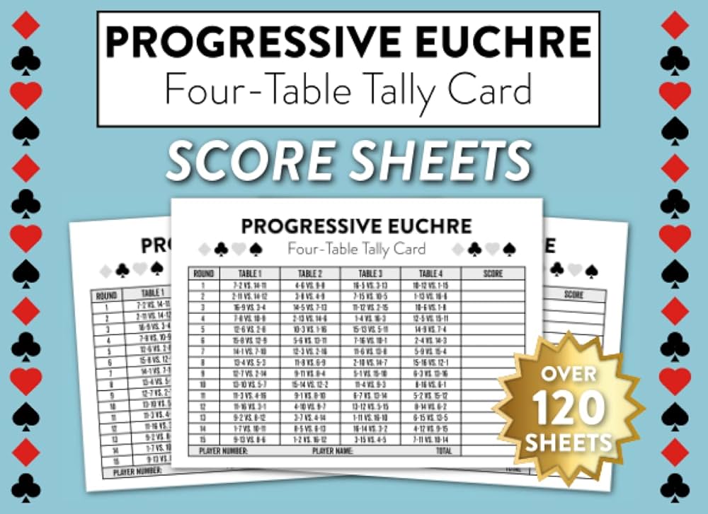 Progressive Euchre Four Table Tally Card Score Sheets: Over 120 Sheets For 4 Table Progressive Euchre Game: Publishing, Score Sheetz: Amazon.com: Books progressive-euchre-four-table-tally-card-score-sheets-over-120-sheets-for-4-table-progressive-euchre-game-publishing-score-sheetz-amazon-com-books