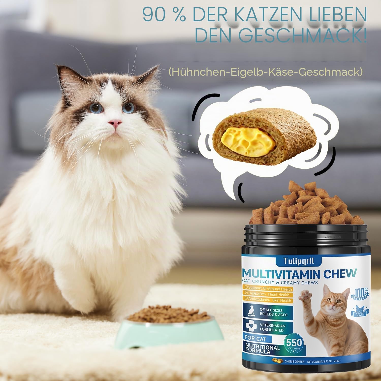 Katzen-Multivitamine 550 Kautabletten mit Eigelb- und Käsefüllung - Hühnergeschmack Haut- & Fellunterstützung mit Omega 3, Biotin, Vitaminen für Immunsystem, Herz, Augengesundheit
