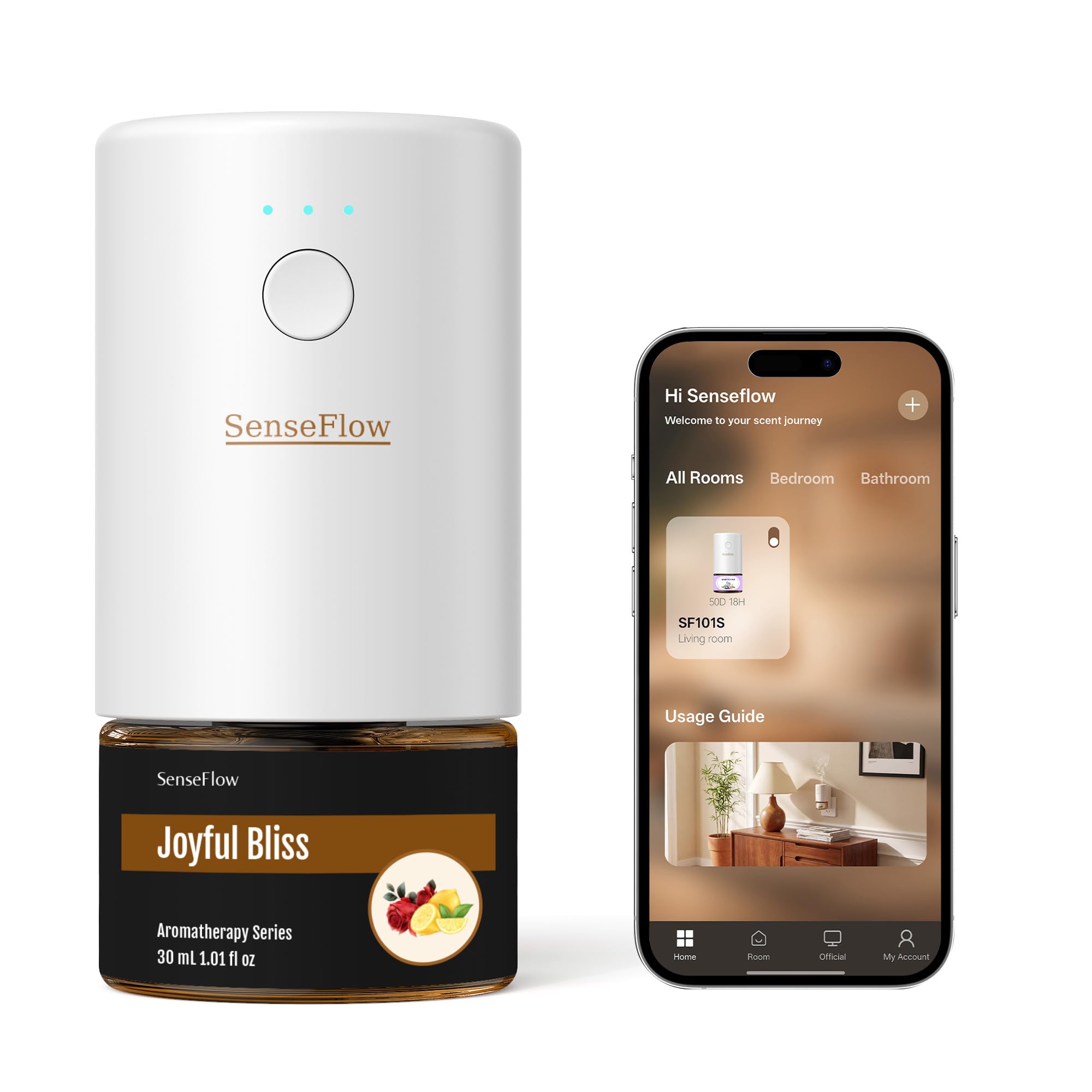SenseFlow Aroma Diffuser for Essential Oils SF101 Pro, Waterless Ultrasonic Fragrance Plug Room Fragrance, 100% Vegetable Air Freshener, 120 Days Aroma for Home, Hotel up to 100 m² Jasmine Dew Harmony