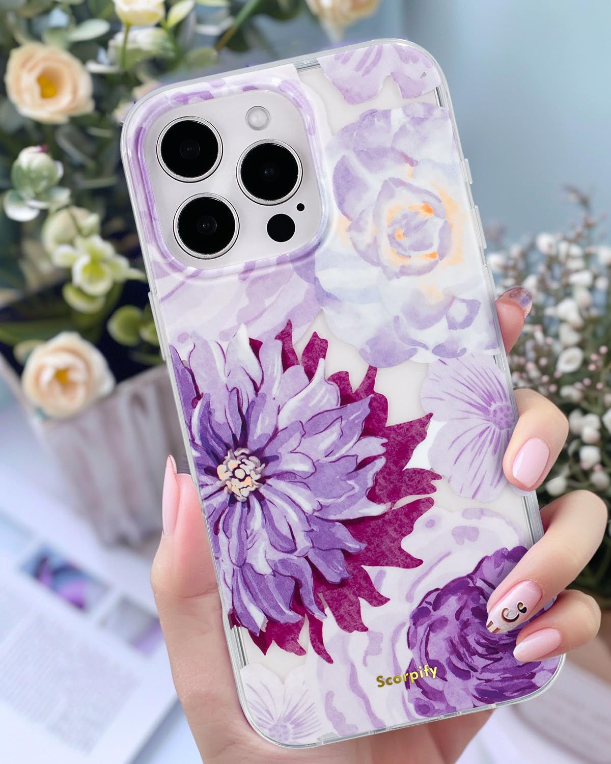 SCORPIFY for iPhone 16 Pro Case [Compatible with MagSafe] with Purple Zinnia Floral Design, Cute Clear Magnetic Phone Cover for Women Girls, [10FT MIL-Grade Drop Protection] Slim Stylish Bumper