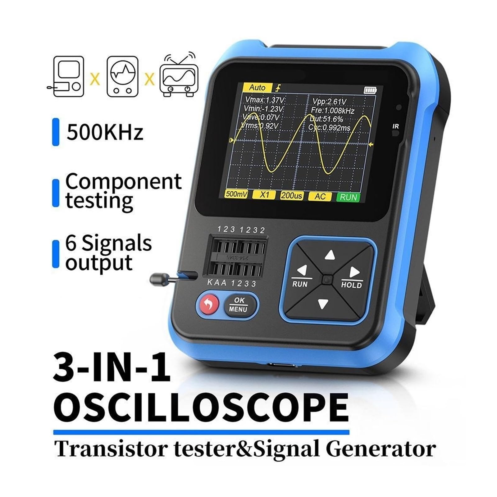 3 w 1 oscyloskop cyfrowy Tester próbnik elektroniczny wielofunkcyjny Generator sygnału Tester komponentów elektronicznych 500KHz 10 MS/s Test napięcia i prądu(B)