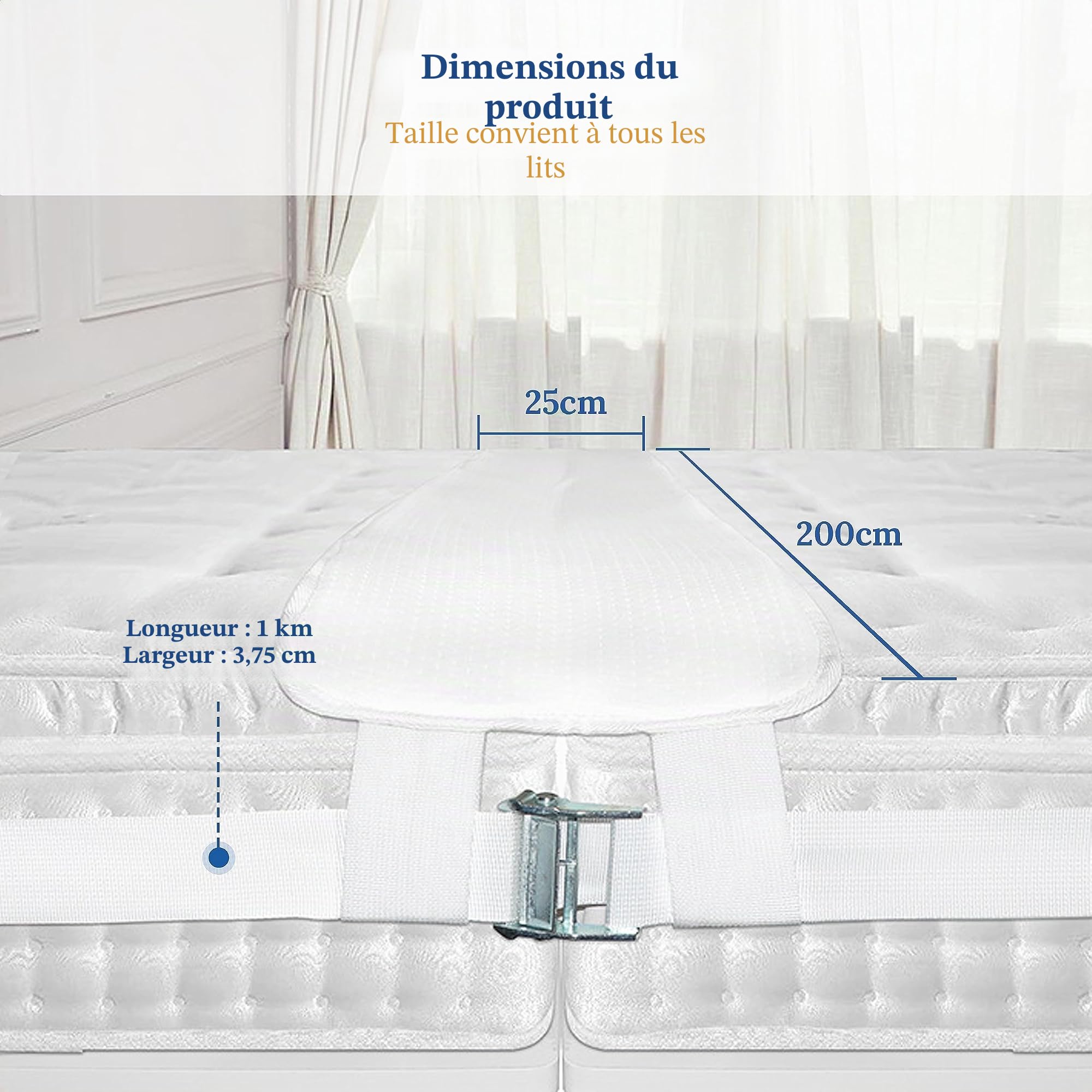 Pont d'amour pour matelas avec sangle de serrage de 200 x 25 cm, remplissage d'espace pour matelas et remplisseur d'espace de visiteur, cale de matelas – Relie deux matelas simples en un matelas