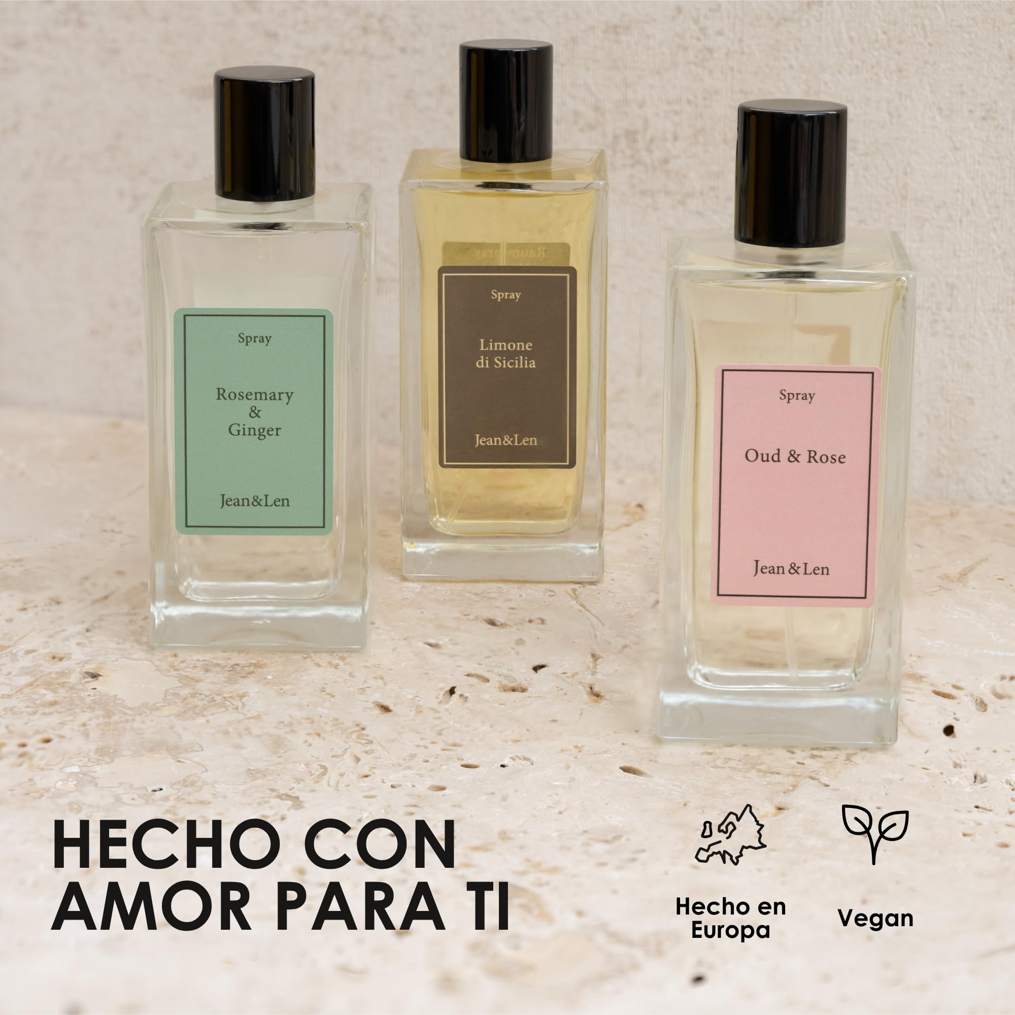 Jean & Len Spray ambientador Rosemary & Ginger, en un frasco de vidrio sencillo, para un aroma especiado y fresco, spray ambientador, aroma unisex a romero y jengibre, vegano, 100 ml