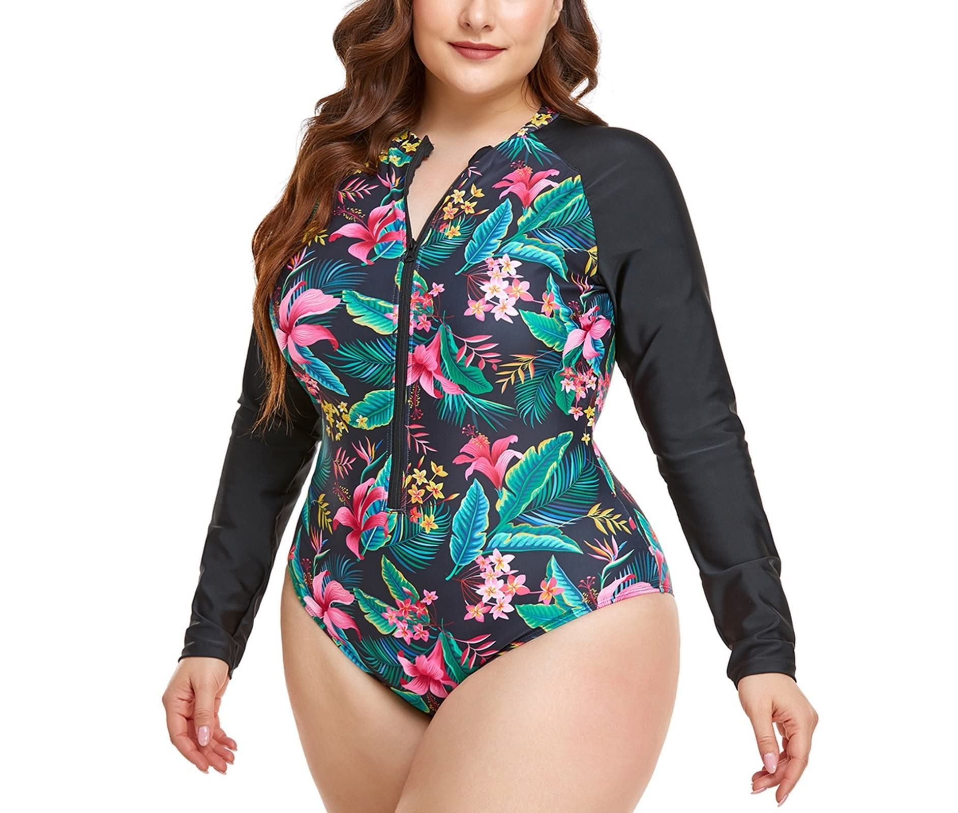 1 pezzo costumi da bagno controllo pancia, costume da bagno manica lunga donna foglie tropicali e fiori poliestere plus size costume da bagno